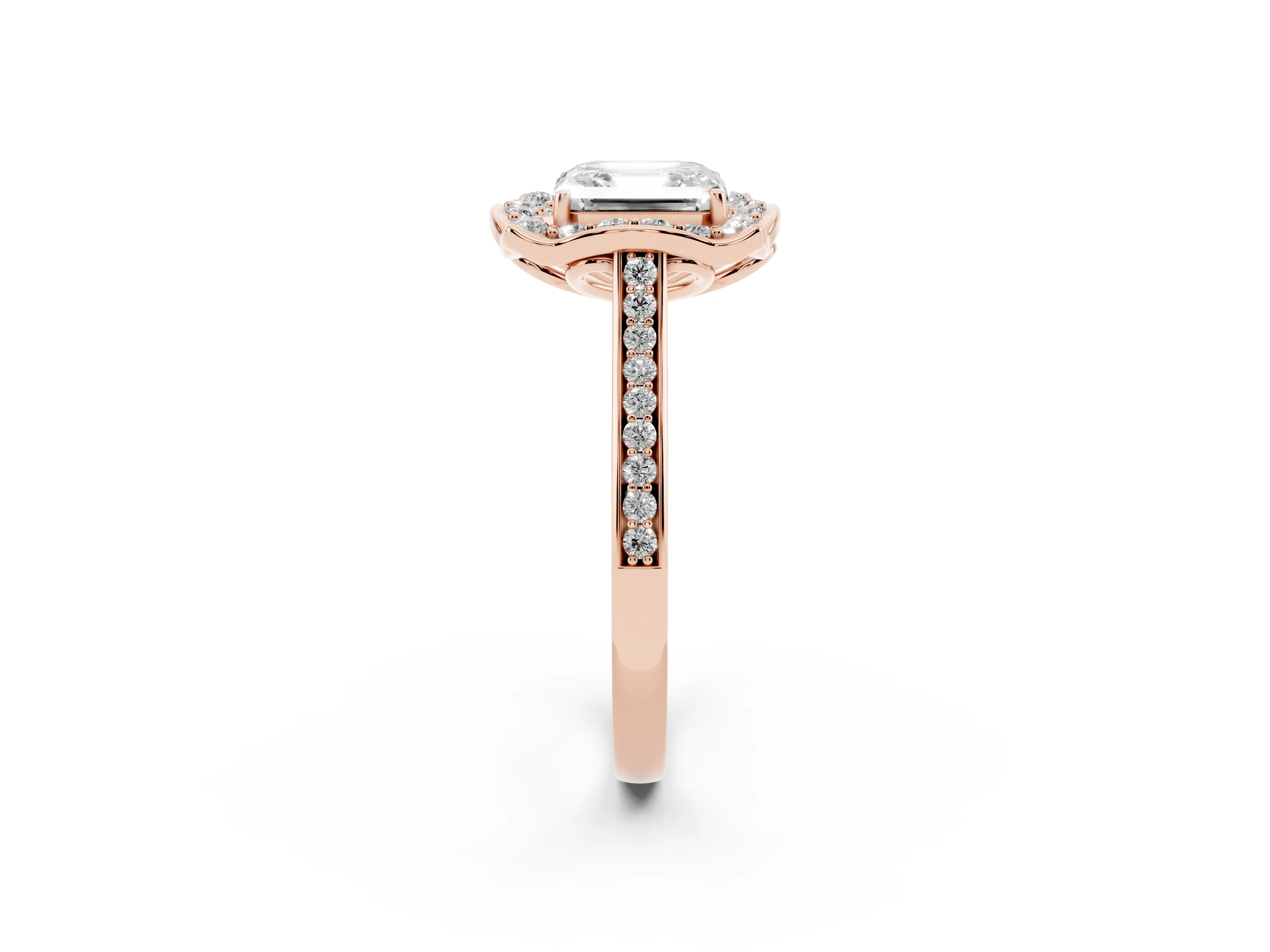 Asscher Cut Diamond Halo Ring Set in Rose gold with Pavé-Lined Shoulders and Prong Setting