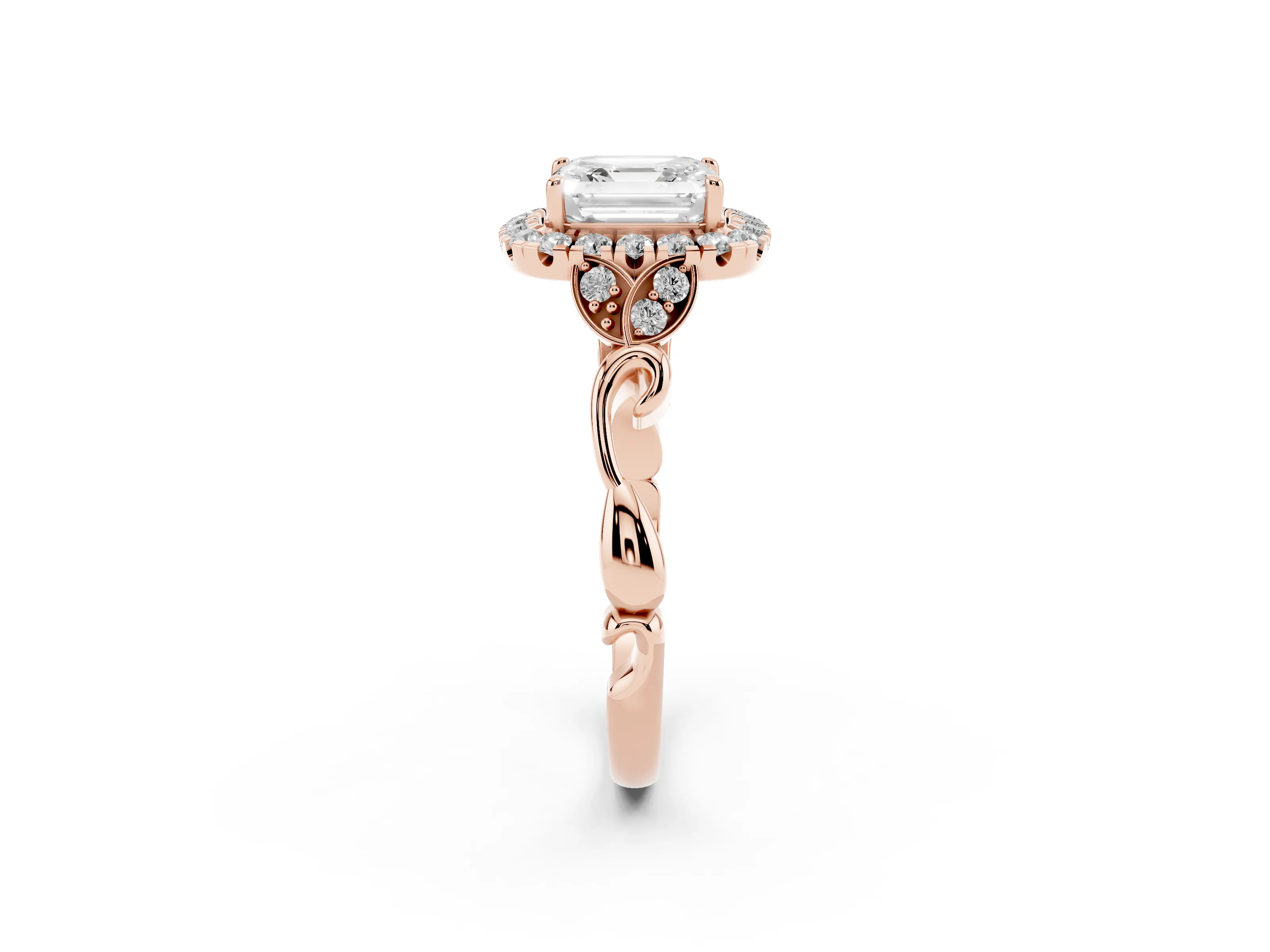 Asscher Cut Vintage Halo Engagement Ring Setting | Leaf Shoulders | Rose Gold