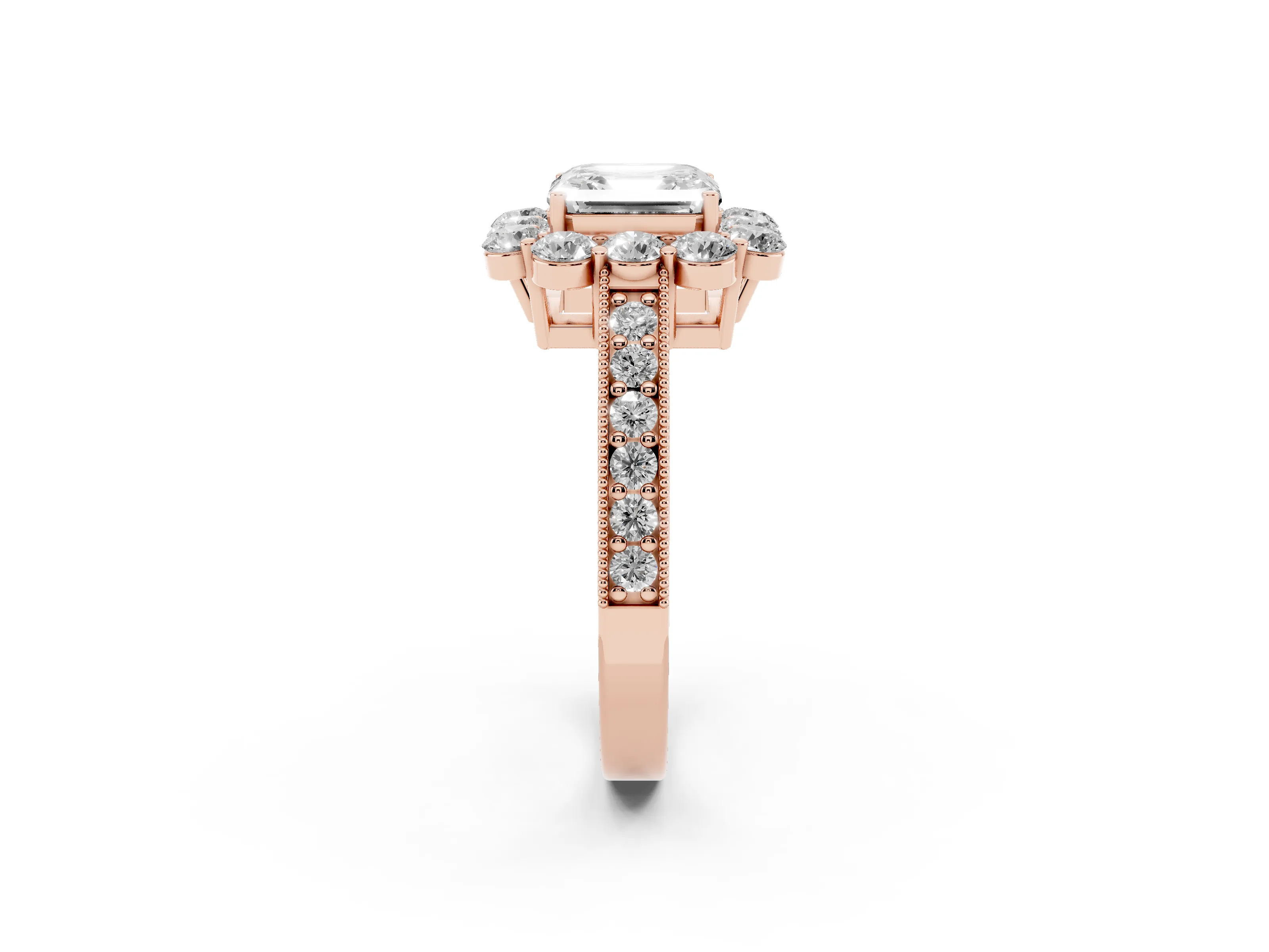 Asscher Cut Diamond Halo Pavé Engagement Ring Set in Rose gold with Milgrain Detailing