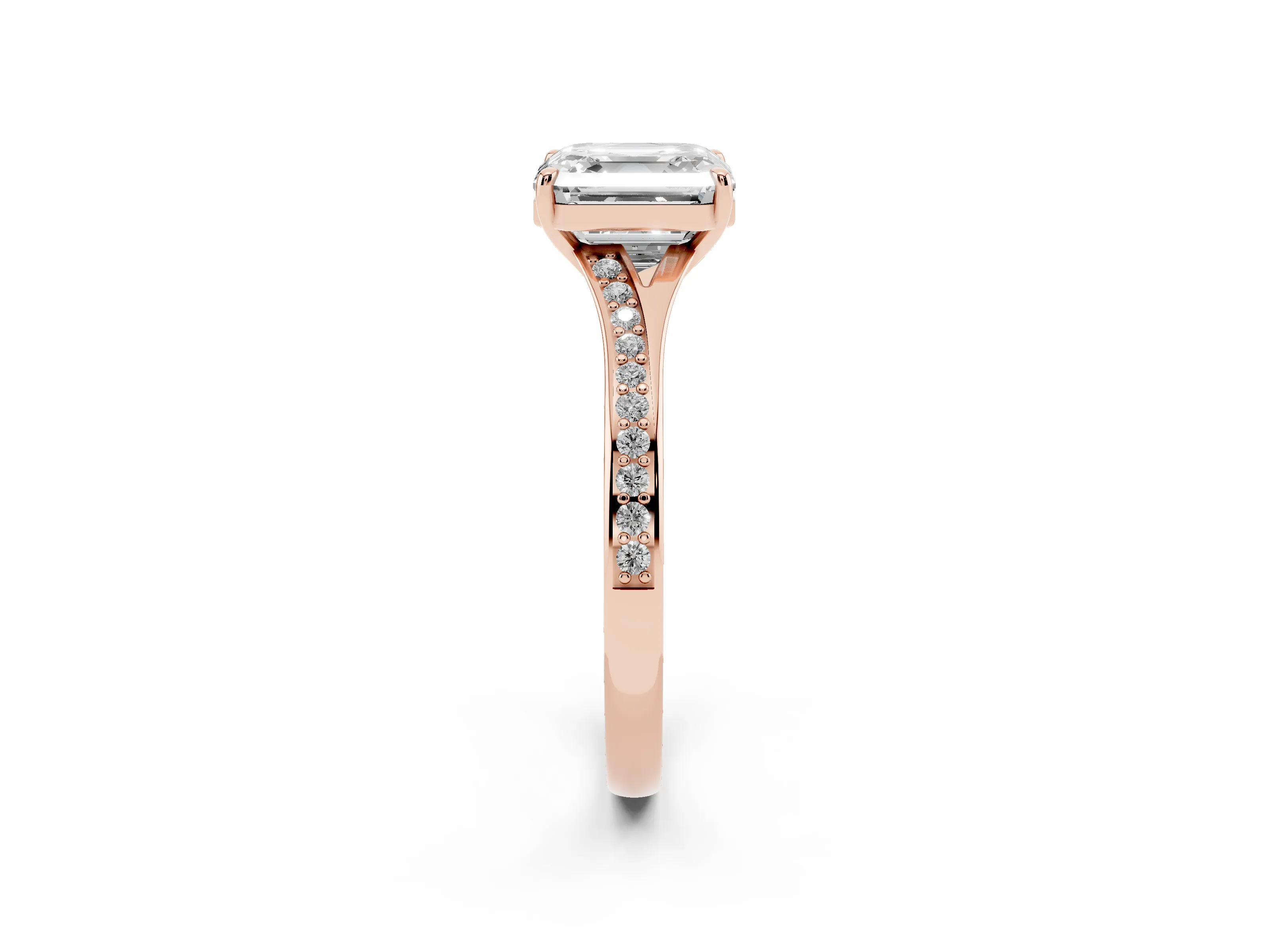 Asscher Cut Diamond Solitaire Ring Set in Rose gold with Pavé Accent Band and Classic Prong Setting