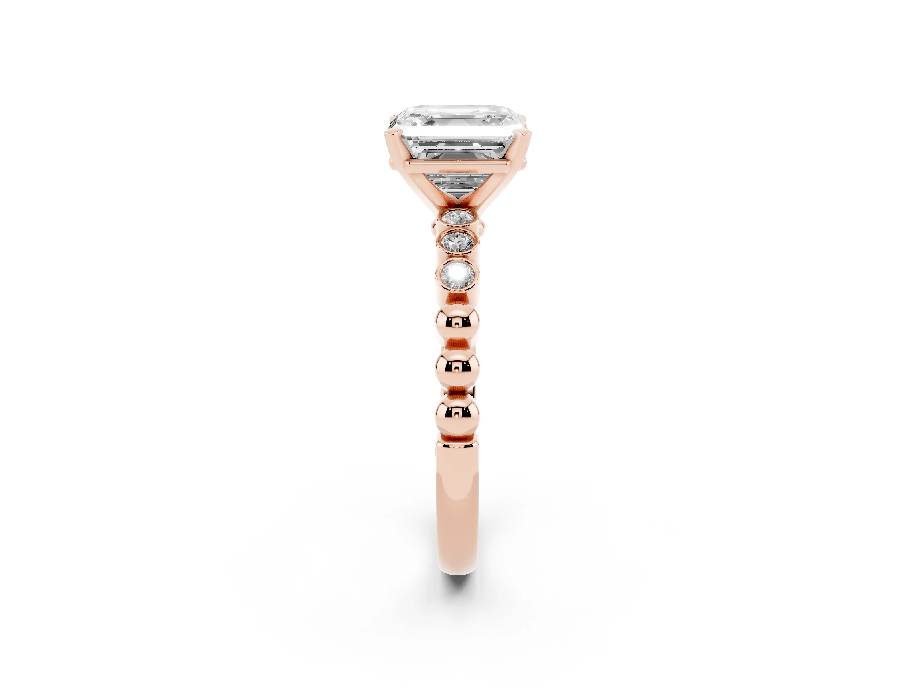 Asscher Cut Diamond Solitaire Engagement Ring Set in Rose gold with Bezel Accents on Beaded Band