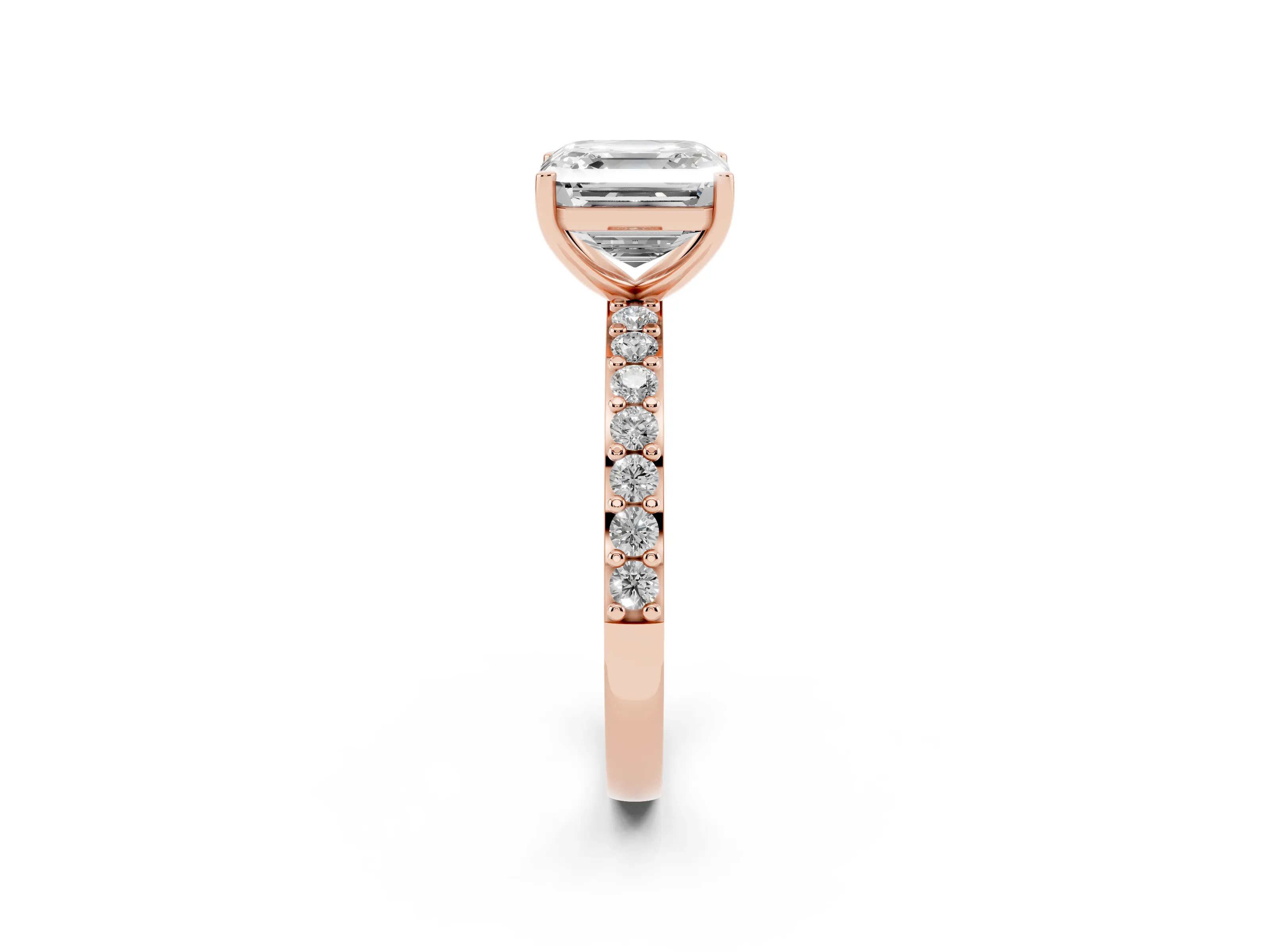 Asscher Cut Diamond Solitaire Set in Rose gold with Round Pavé Band and Prong Setting