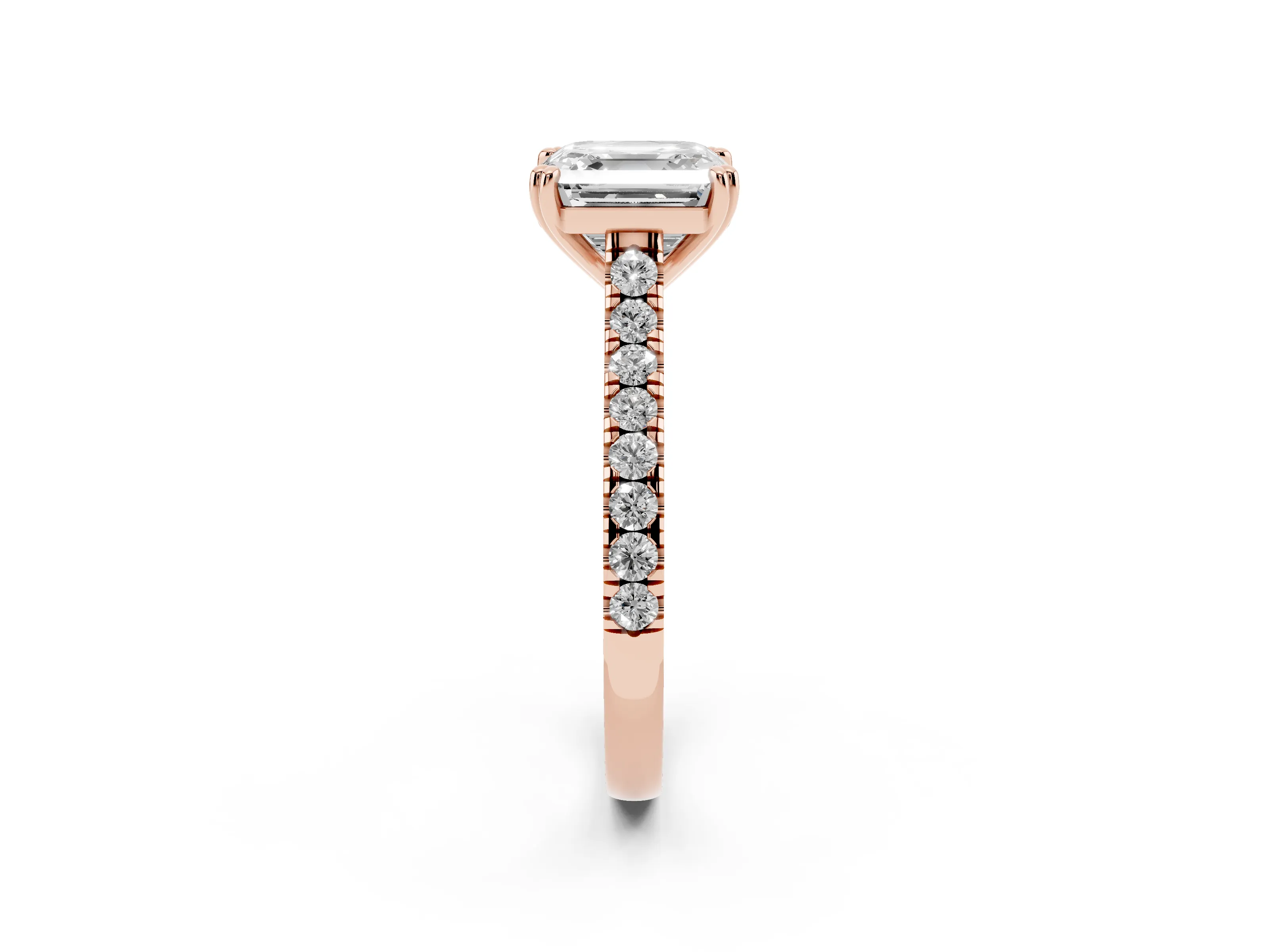 Asscher Cut Diamond Solitaire Engagement Ring Set in Rose gold with Pavé Accents and Prong Setting
