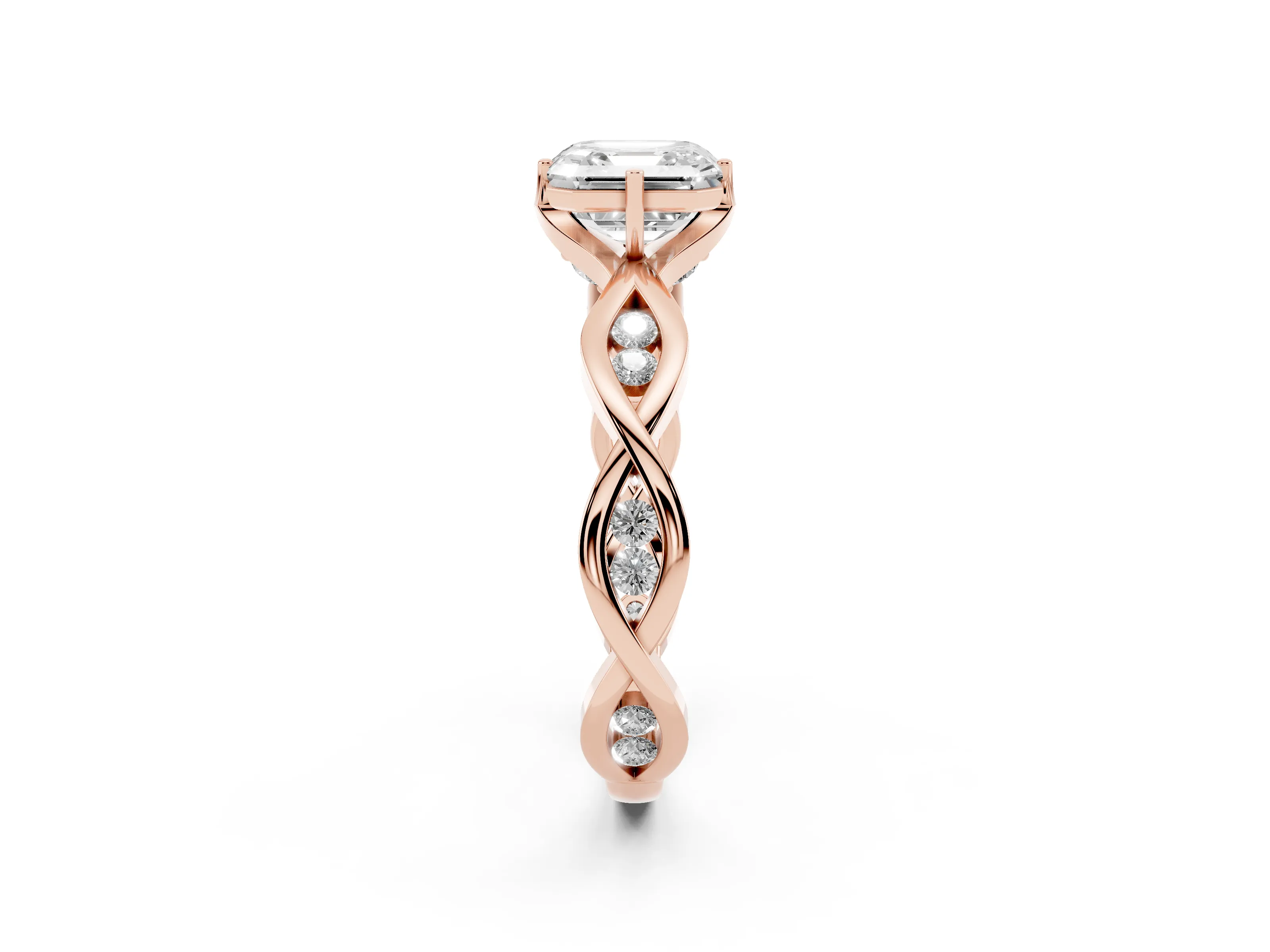Asscher Cut Diamond Twist Band Solitaire Ring Set in Rose gold with Leaf Prong Setting and Accent Stones