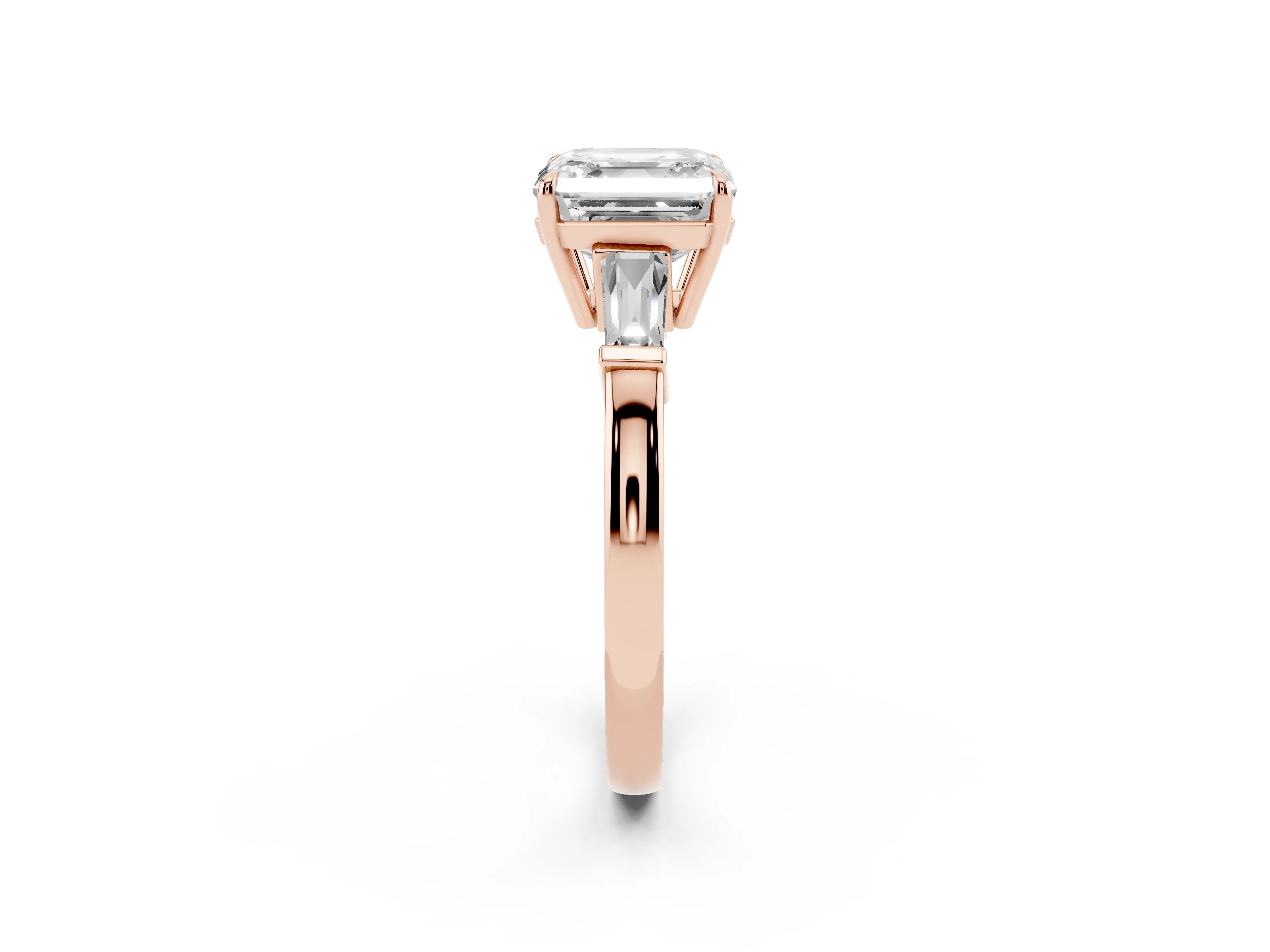 Asscher Cut Diamond Three-Stone Ring Set in Rose gold with Tapered Baguette Side Stones and Prong Setting