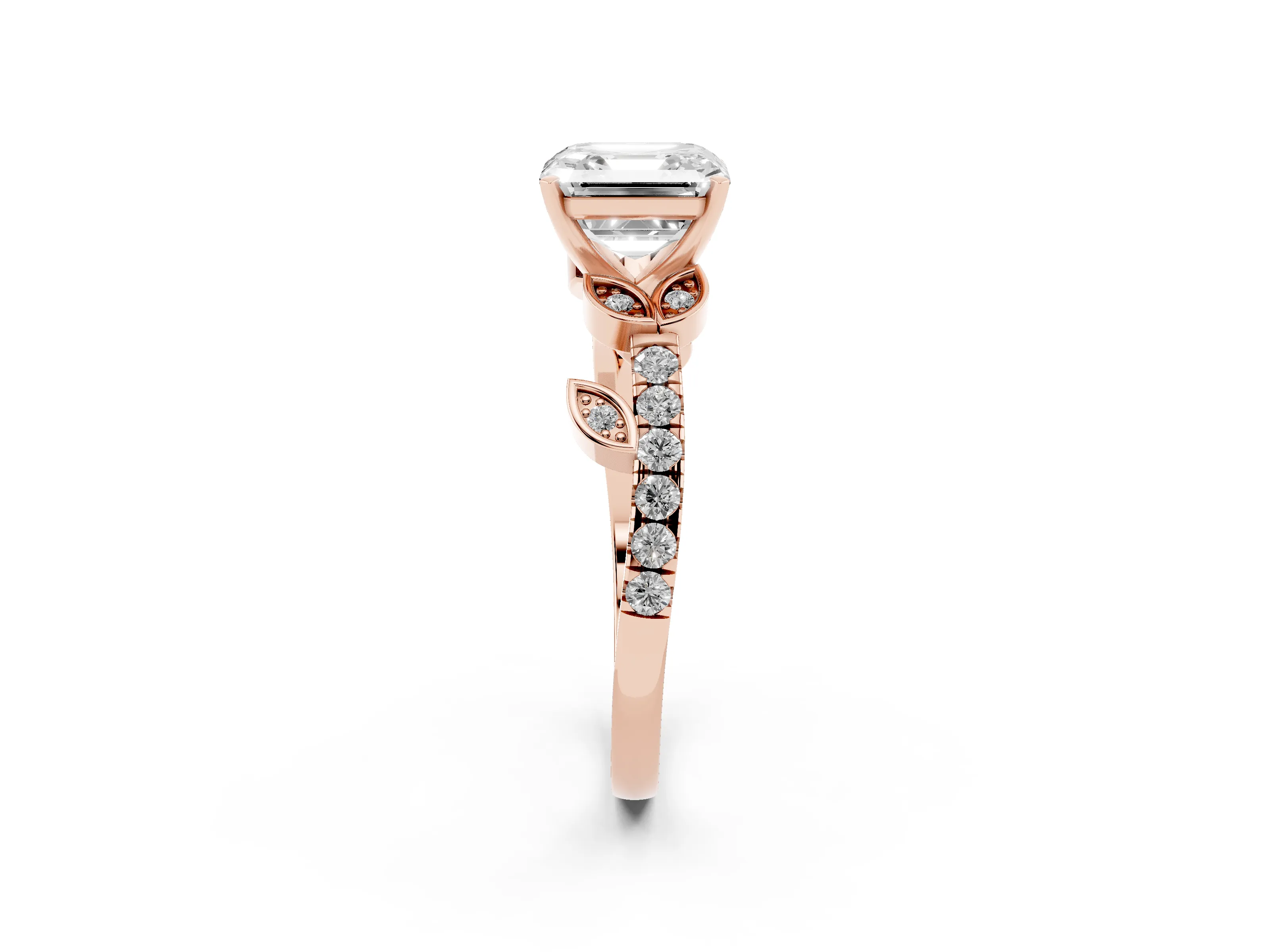Asscher Cut Diamond Solitaire Leaf-Inspired Ring Set in Rose gold with Pavé Band and Prong Setting