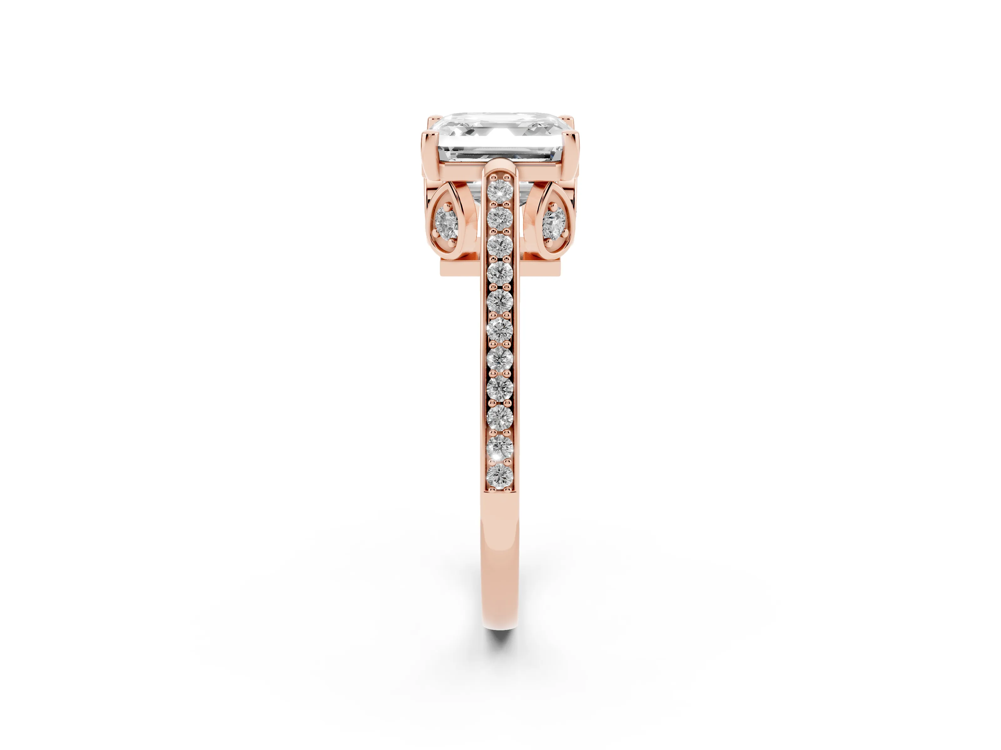 Asscher Cut Diamond Cathedral Pavé Engagement Ring Set in Rose gold with Prong Setting