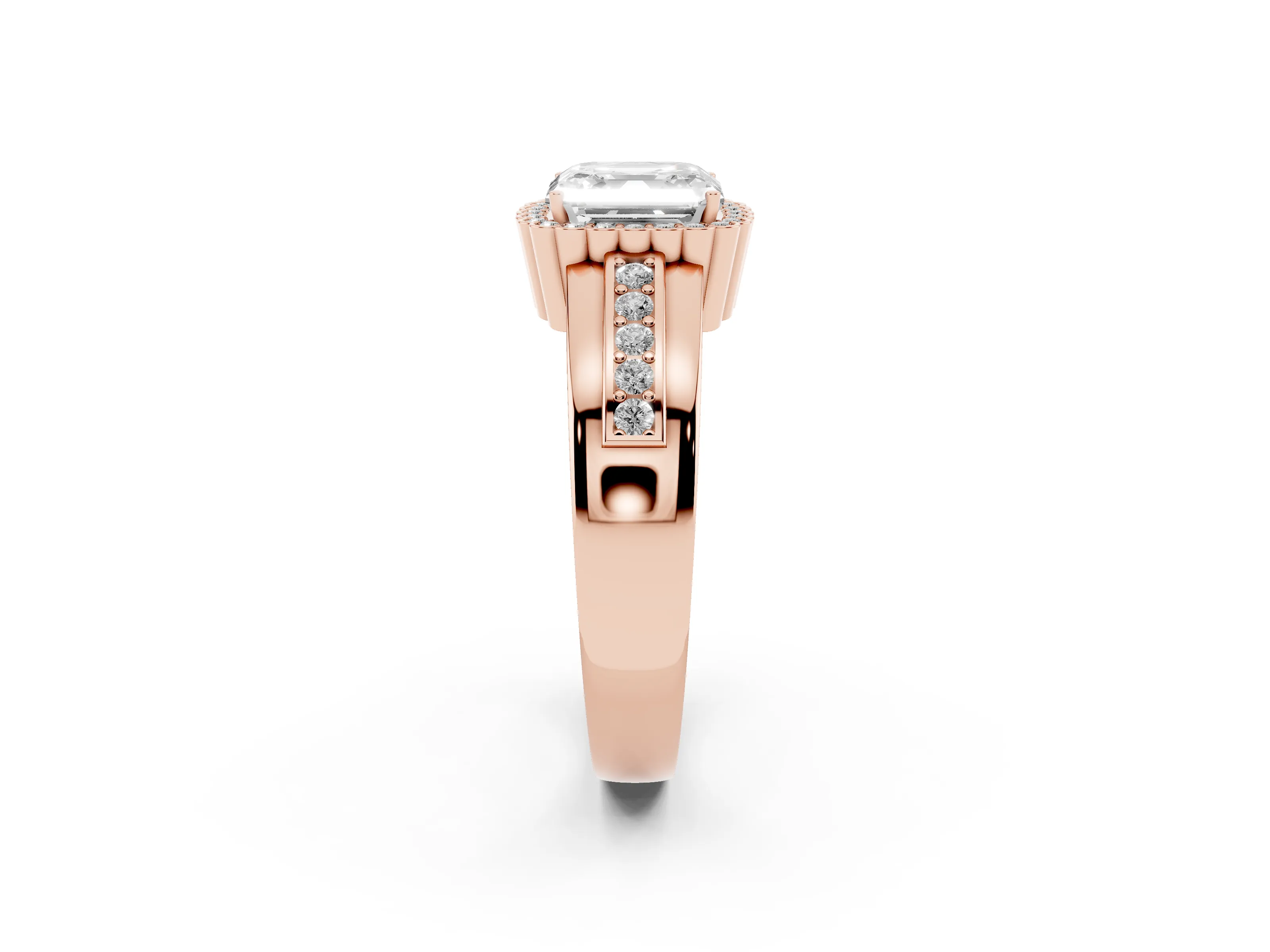 Asscher Cut Diamond Halo Prong Ring Set in Rose gold with Pavé Band