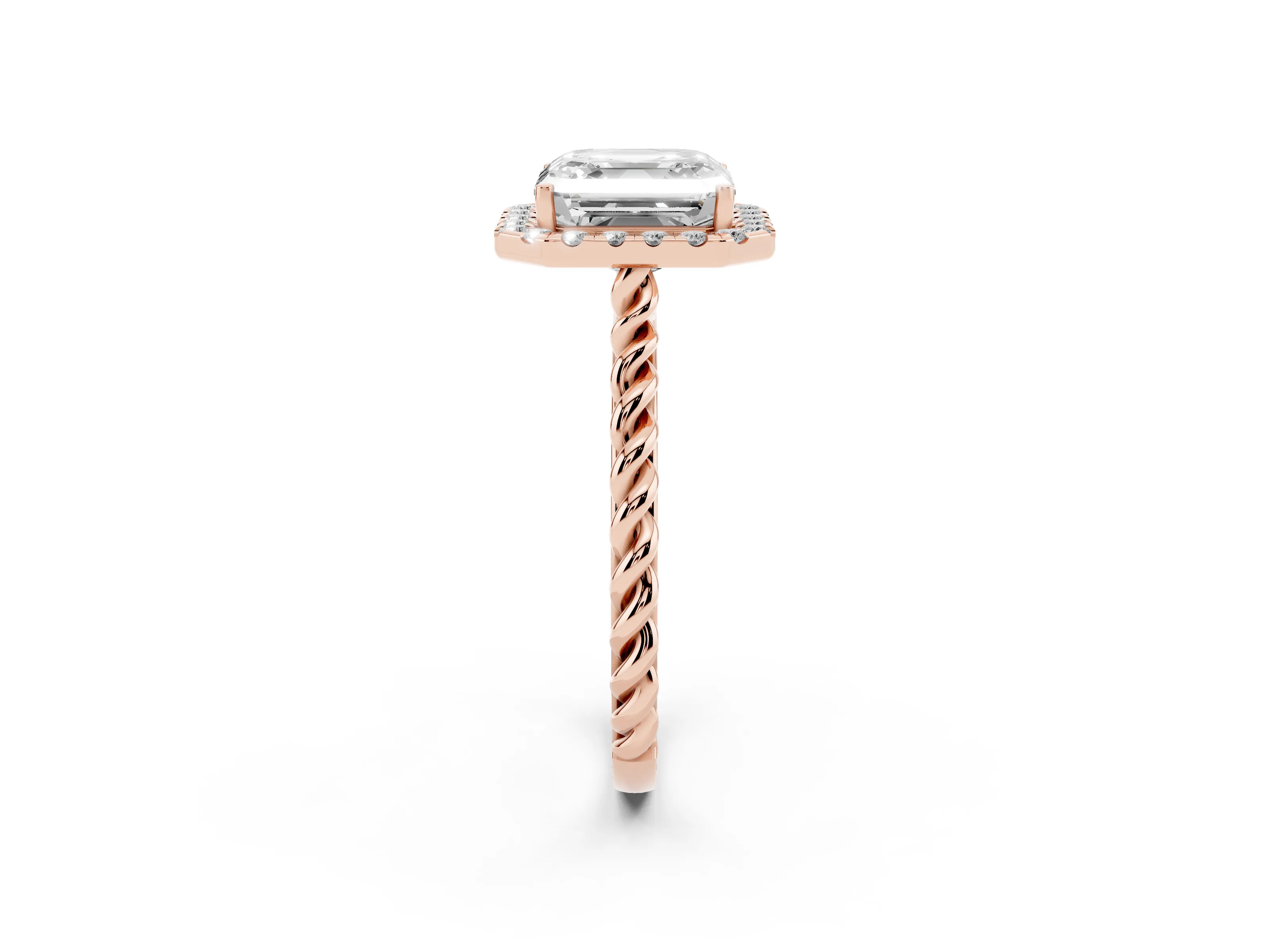 Asscher Cut Diamond Halo Ring Set in Rose gold with Plain Twisted Band