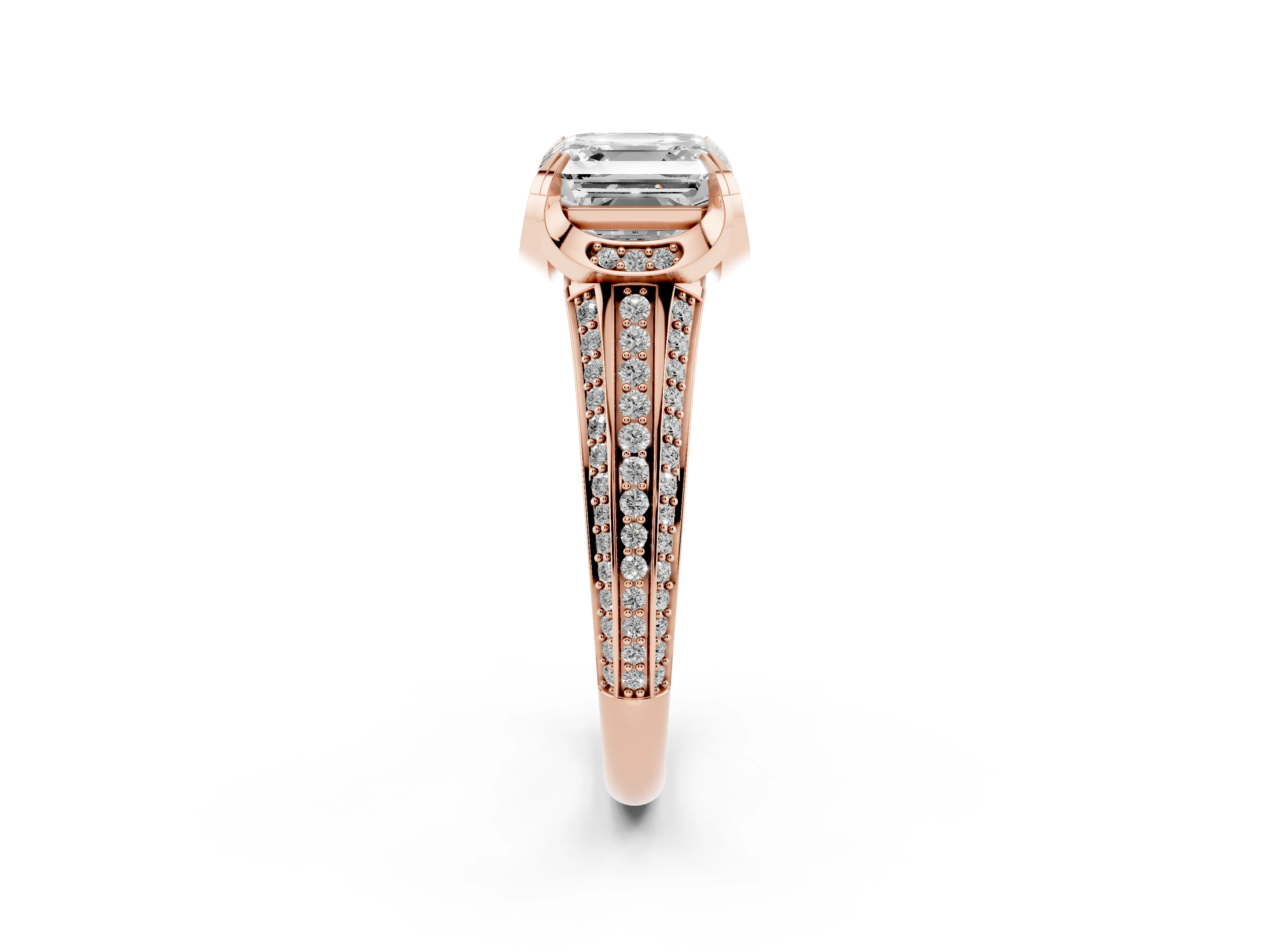 Asscher Cut Diamond Pavé Split Shank Solitaire Ring Set in Rose gold with Prong Setting