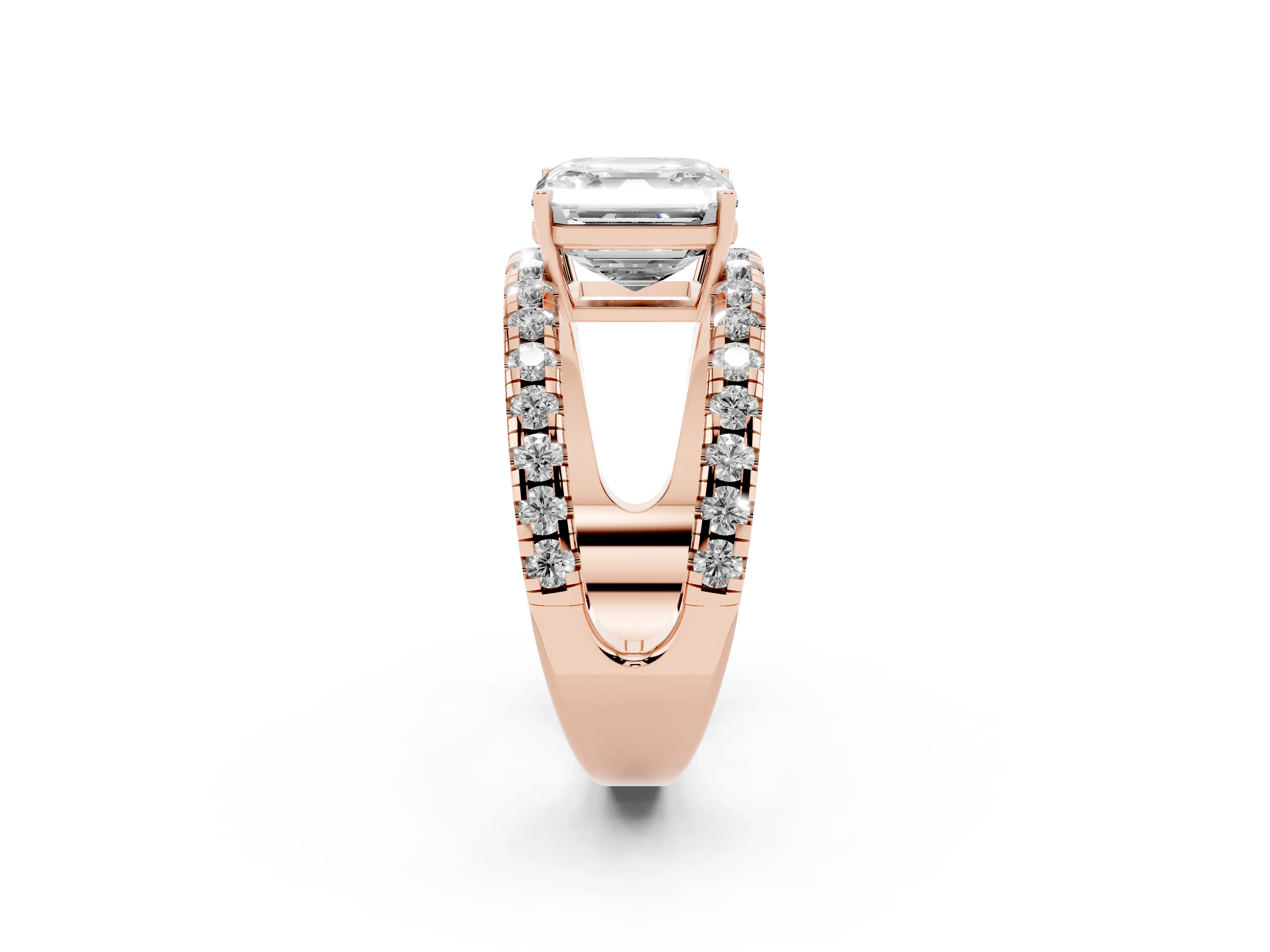 Asscher Cut Diamond Split Shank Pavé Solitaire Ring Set in Rose gold with Open Shank Design