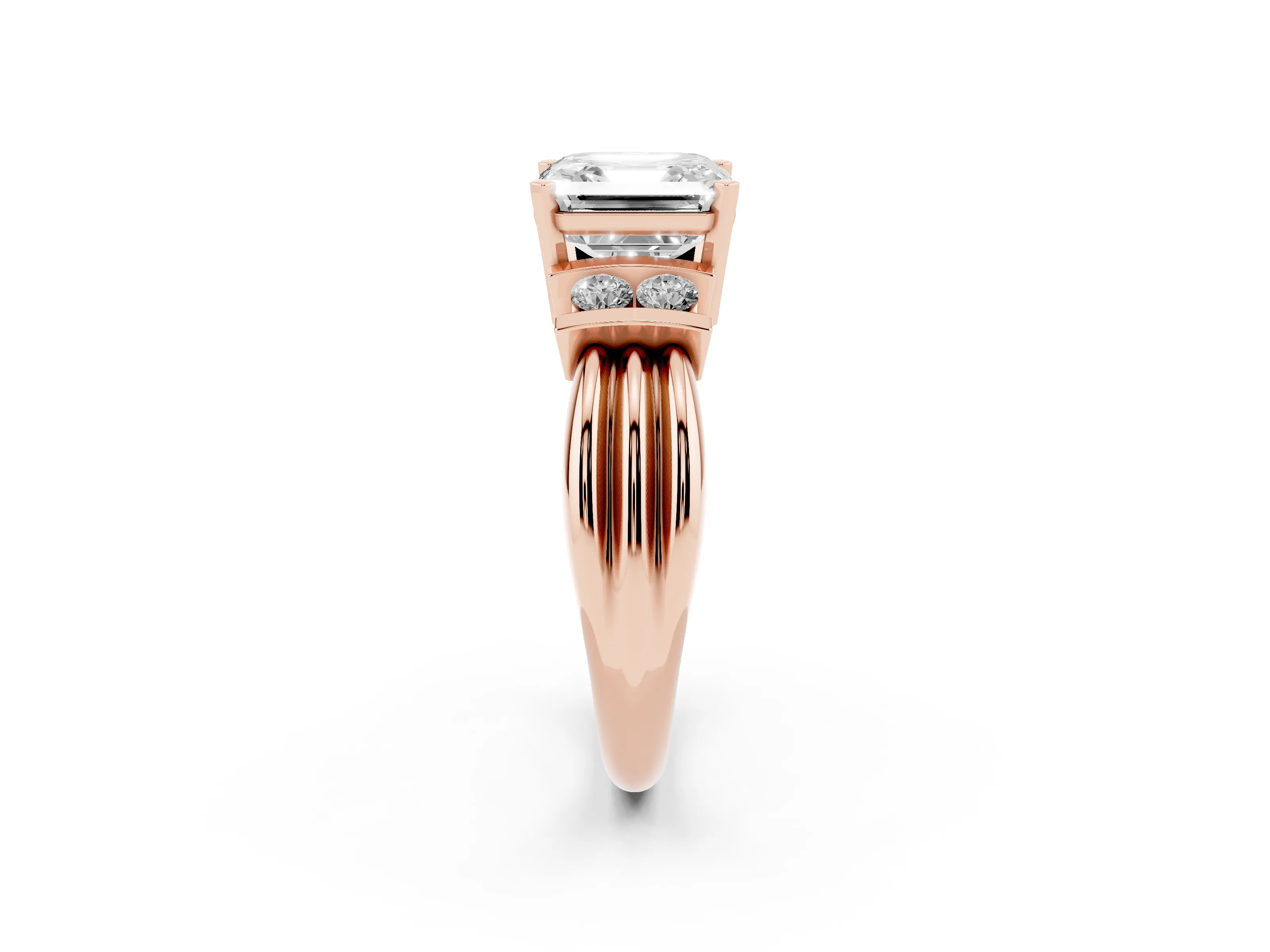 Three-Stone Asscher Cut Diamond Channel Set Ring Set in Rose gold with Bar Prongs