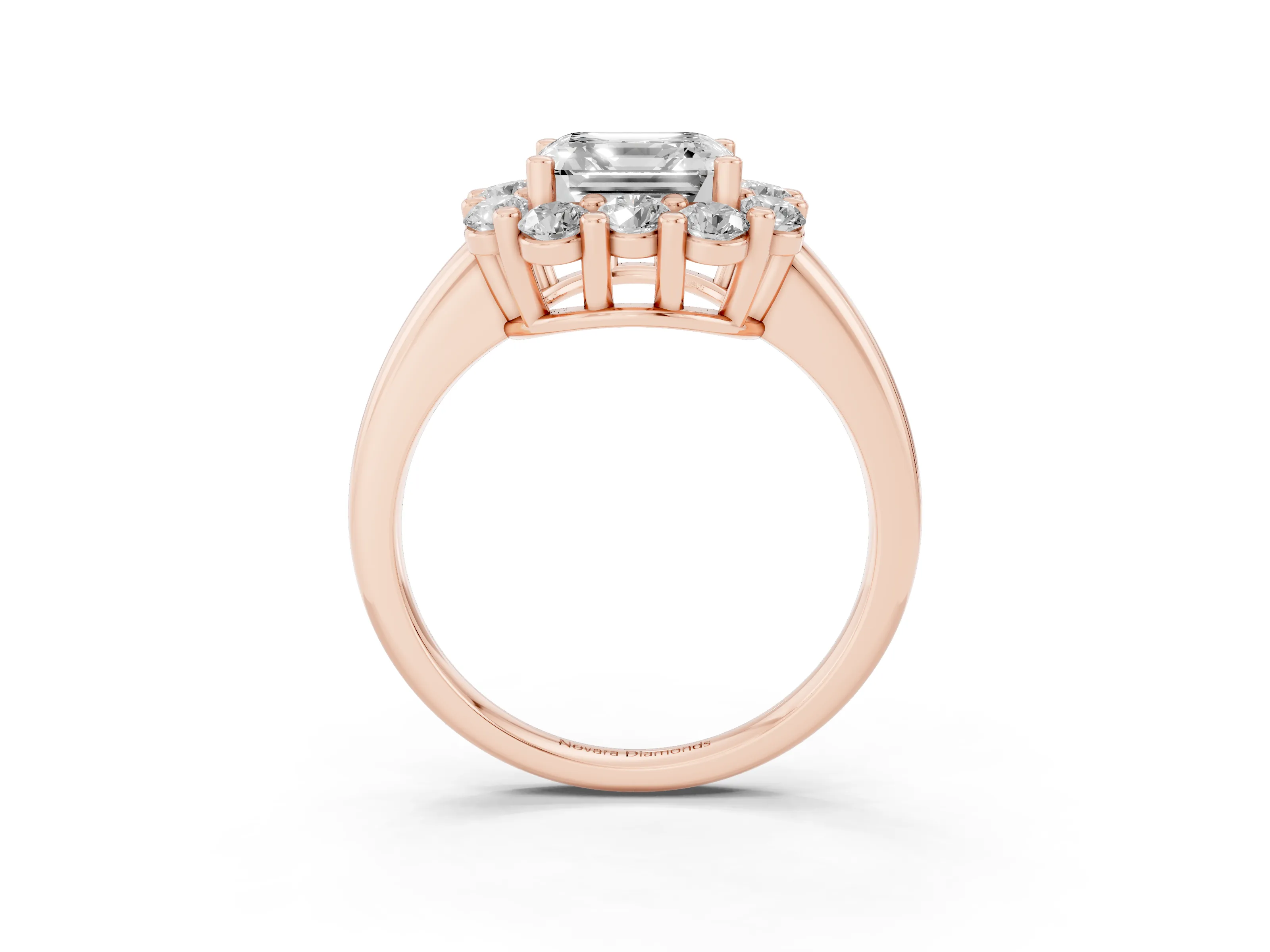 Asscher Cut Diamond Halo Cluster Engagement Ring Set in Rose gold with Polished Band and Prong Setting