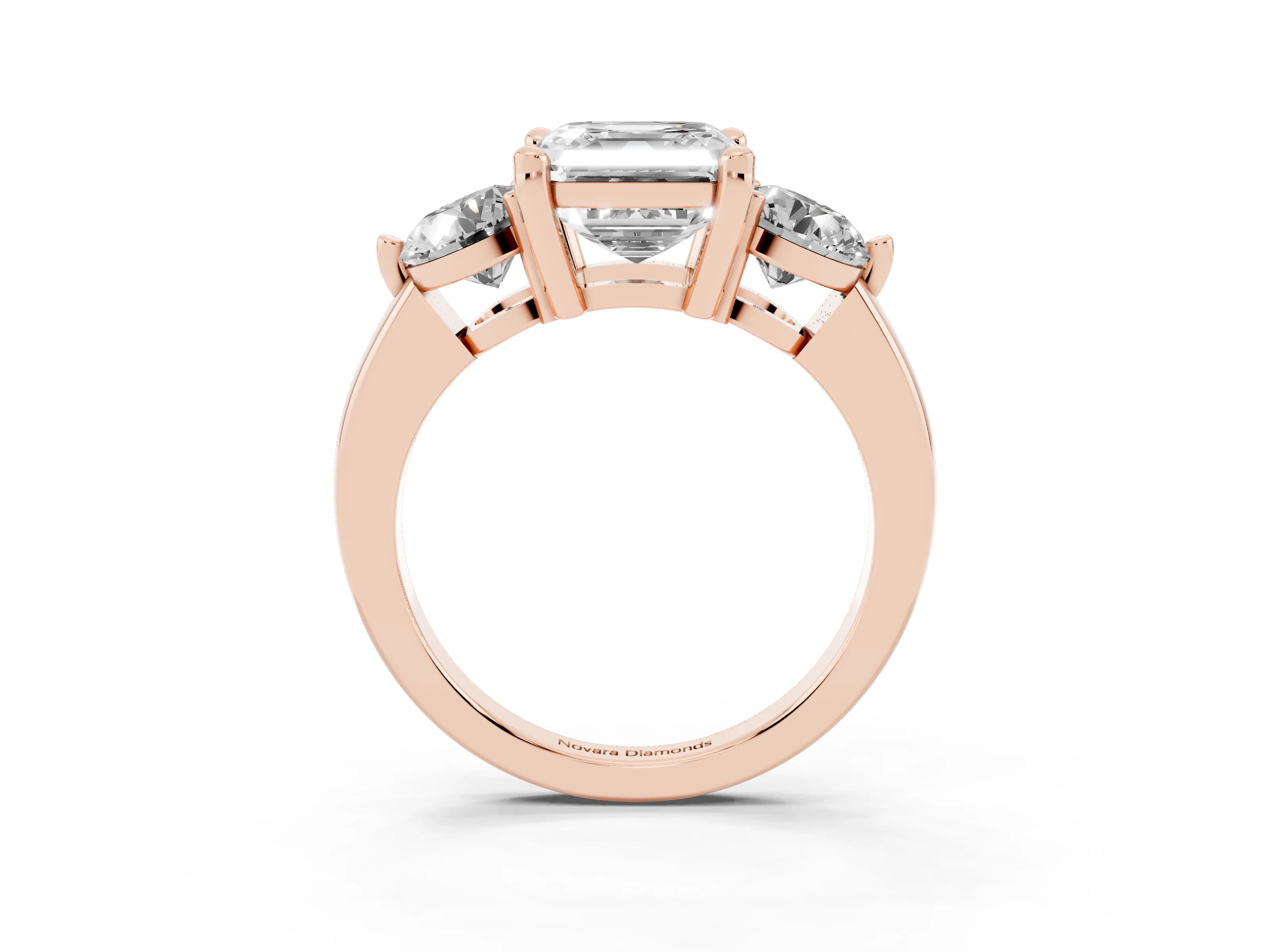 Asscher Cut Diamond Three-Stone Ring Set in Rose gold with Prong Setting and Classic Band