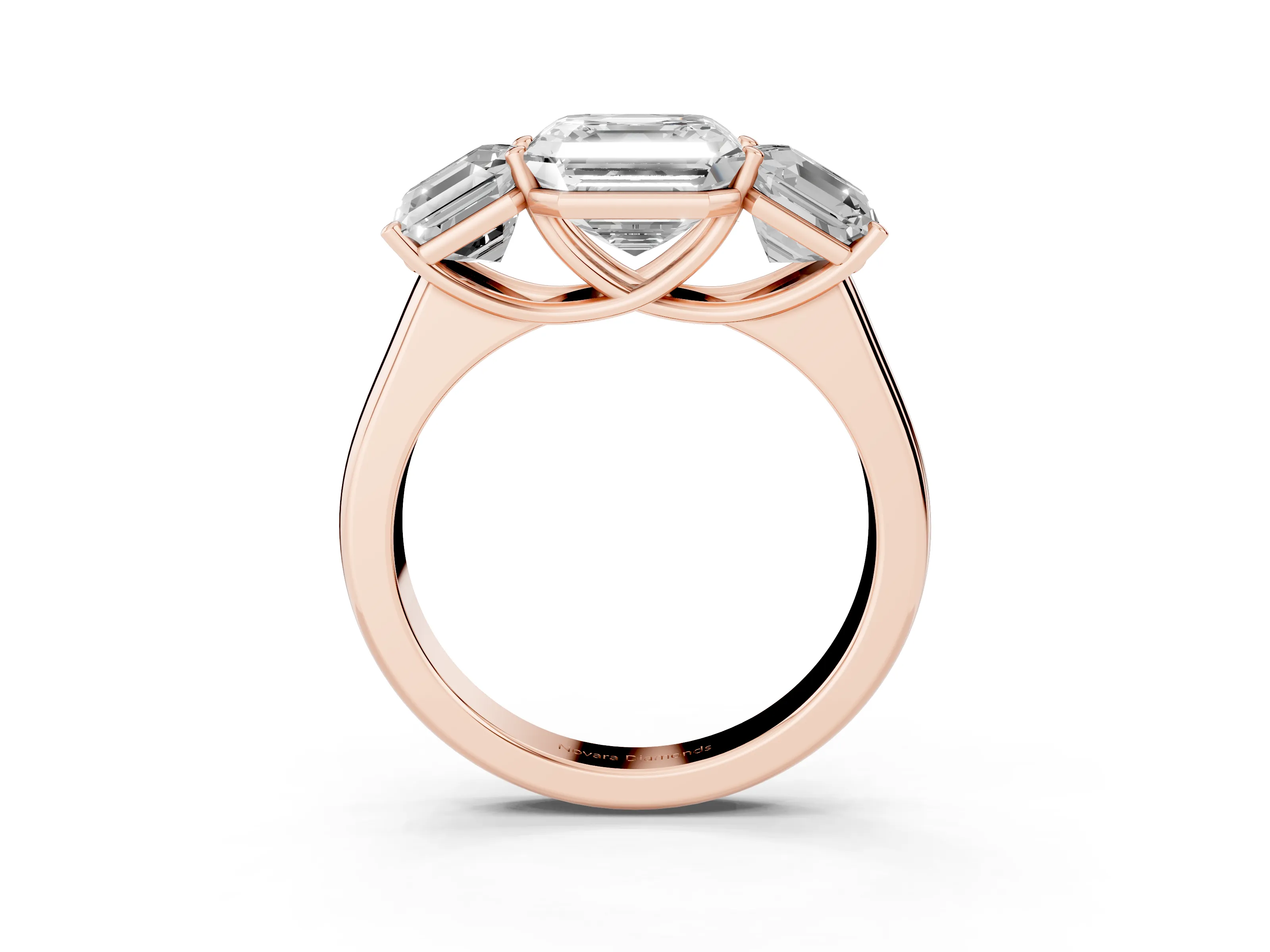 Asscher Cut Diamond Three-Stone Ring Set in Rose gold with Plain Polished Band