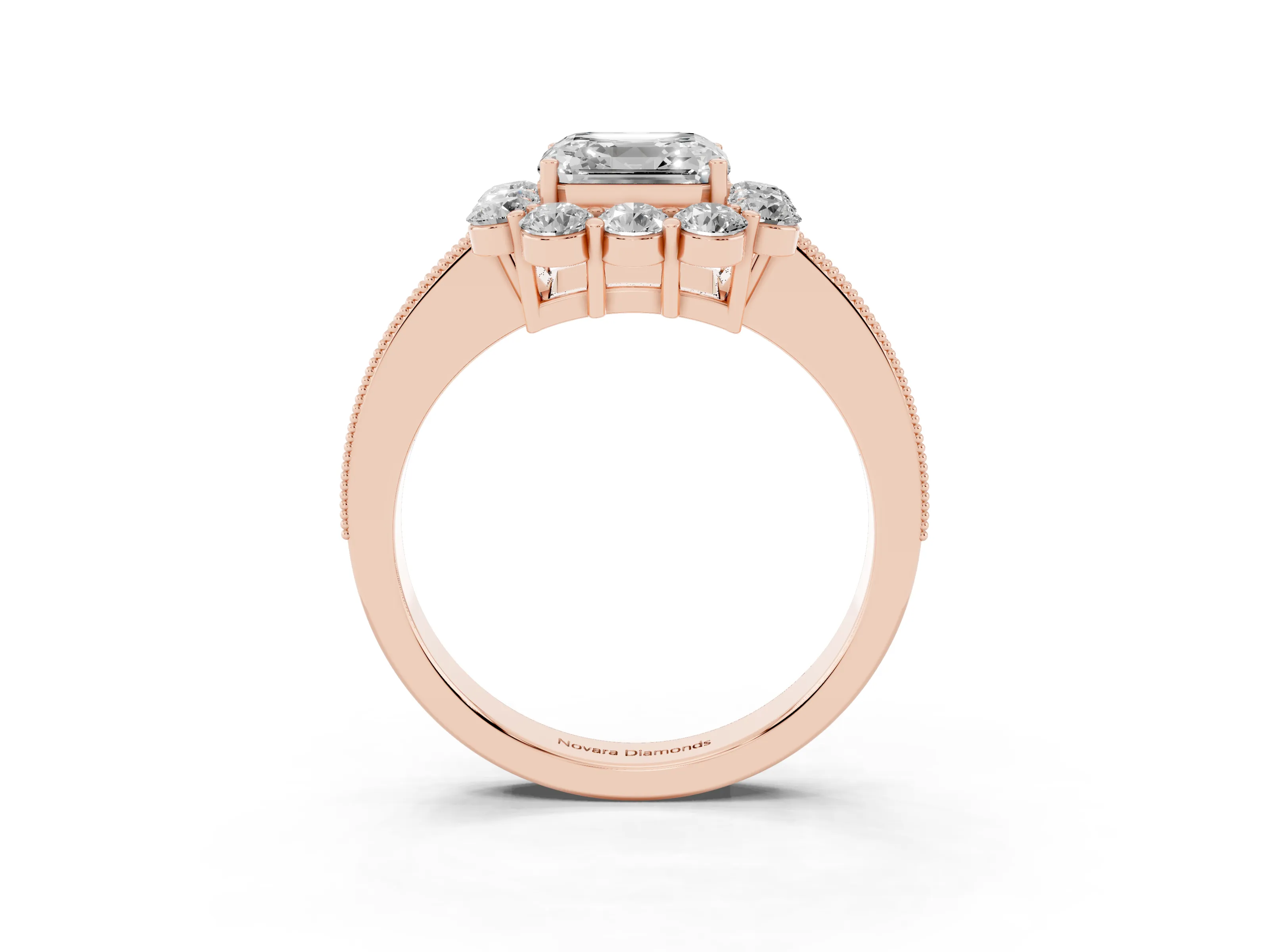 Asscher Cut Diamond Halo Pavé Engagement Ring Set in Rose gold with Milgrain Detailing