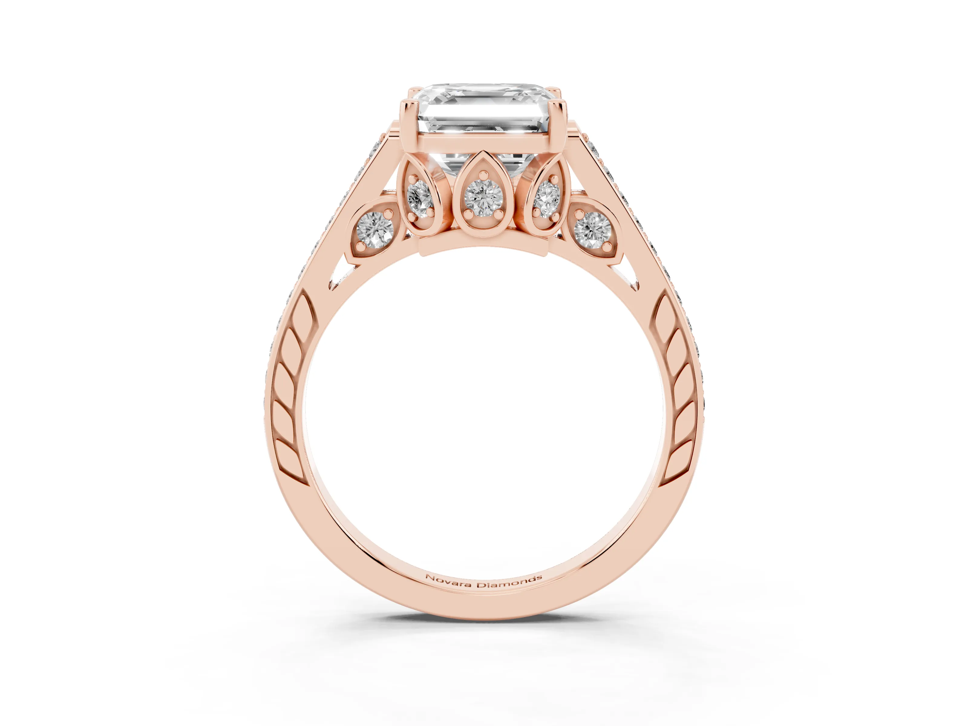 Asscher Cut Diamond Cathedral Pavé Engagement Ring Set in Rose gold with Prong Setting