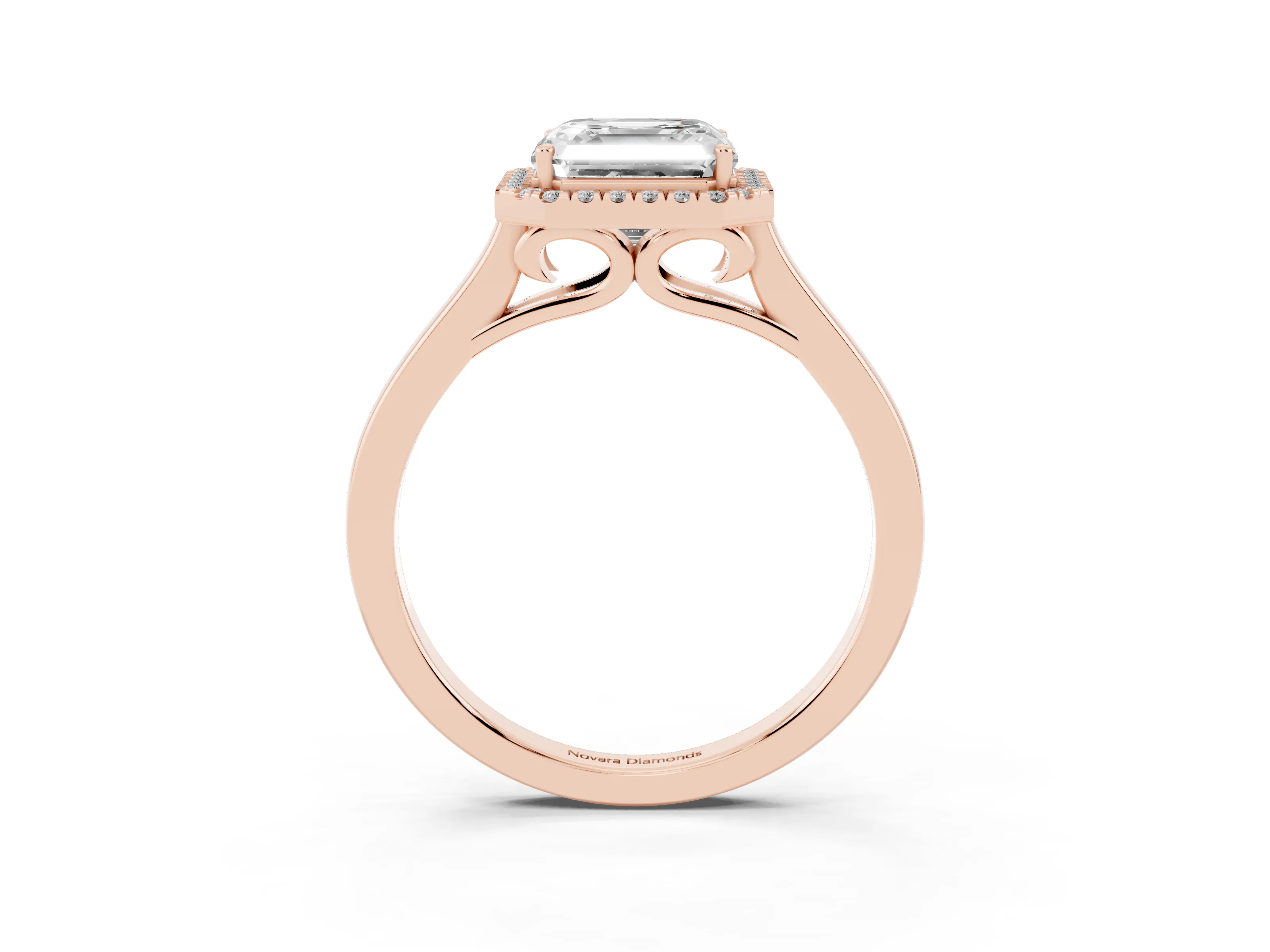 Asscher Cut Halo Round Diamond Solitaire Ring Set in Rose gold with Pavé Band and Prong Setting