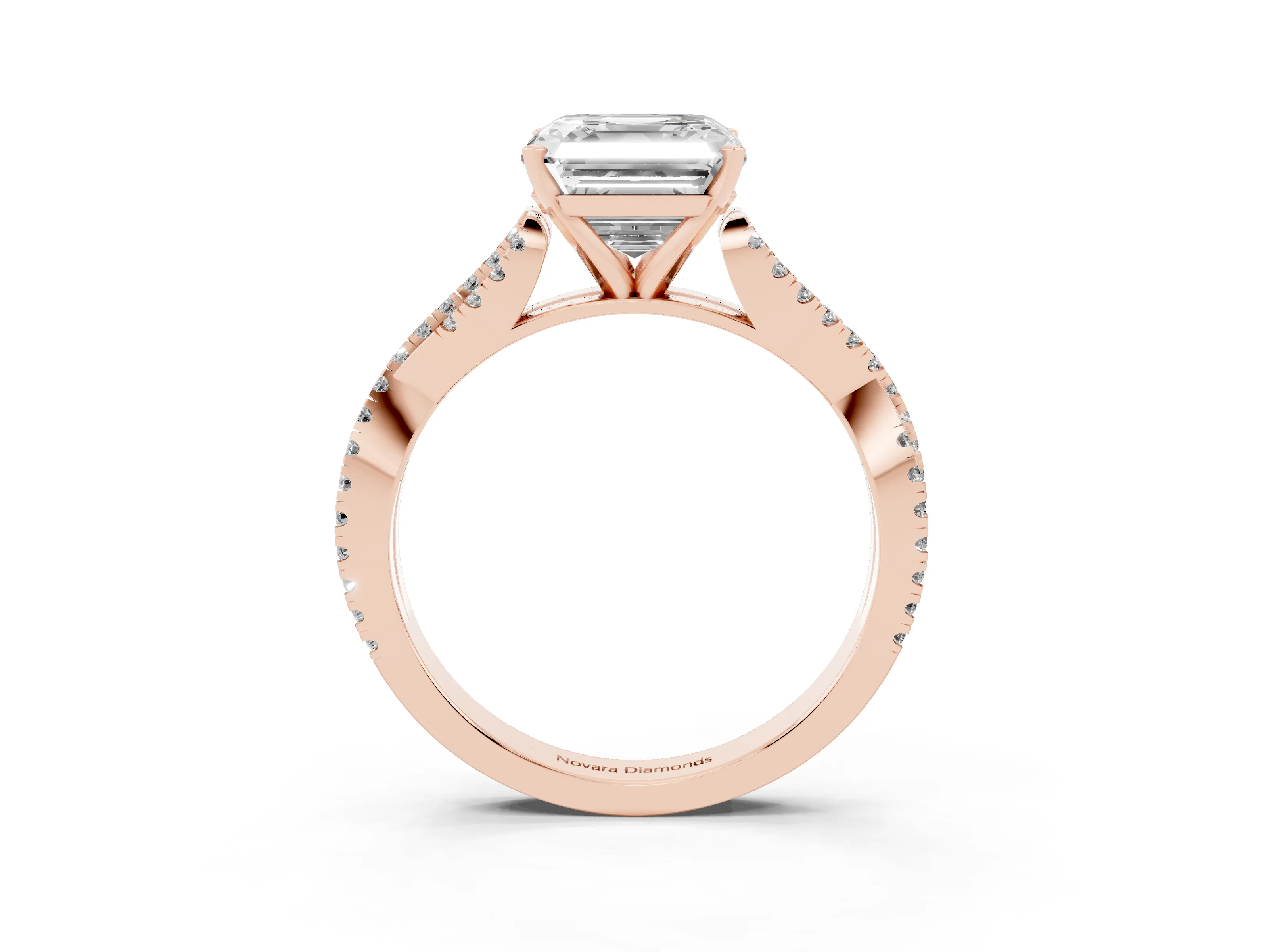 Asscher Cut Diamond Solitaire Engagement Ring Set in Rose gold with Twisted Pavé Band and Prong Setting