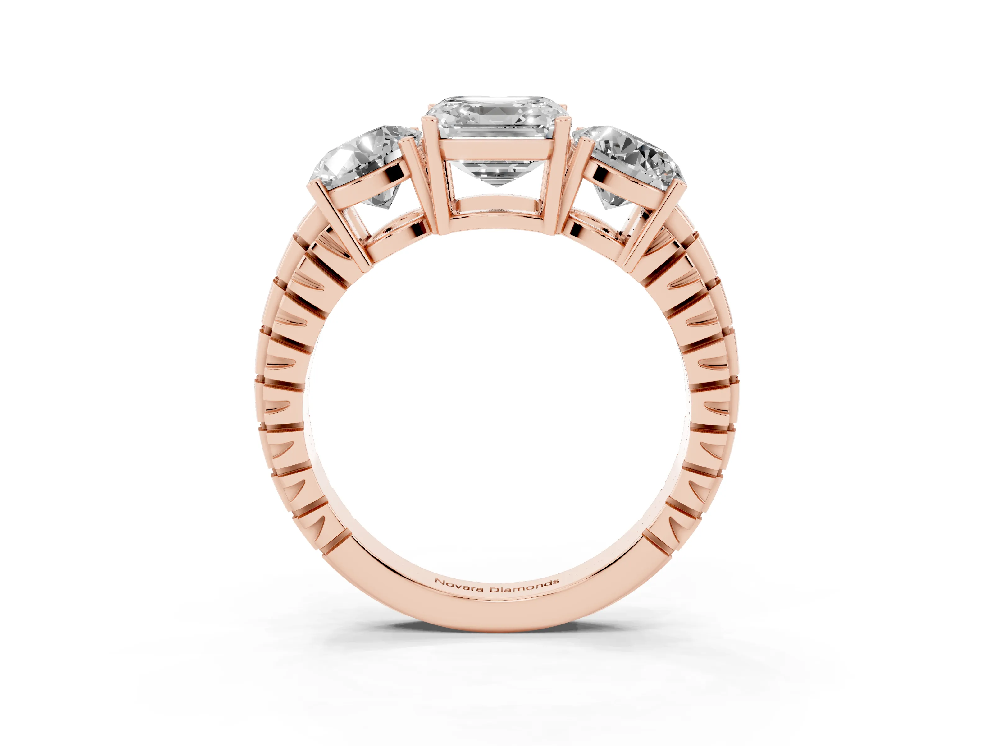 Asscher Cut Diamond Three-Stone Ring Set in Rose gold with Channel-Set Accent Band