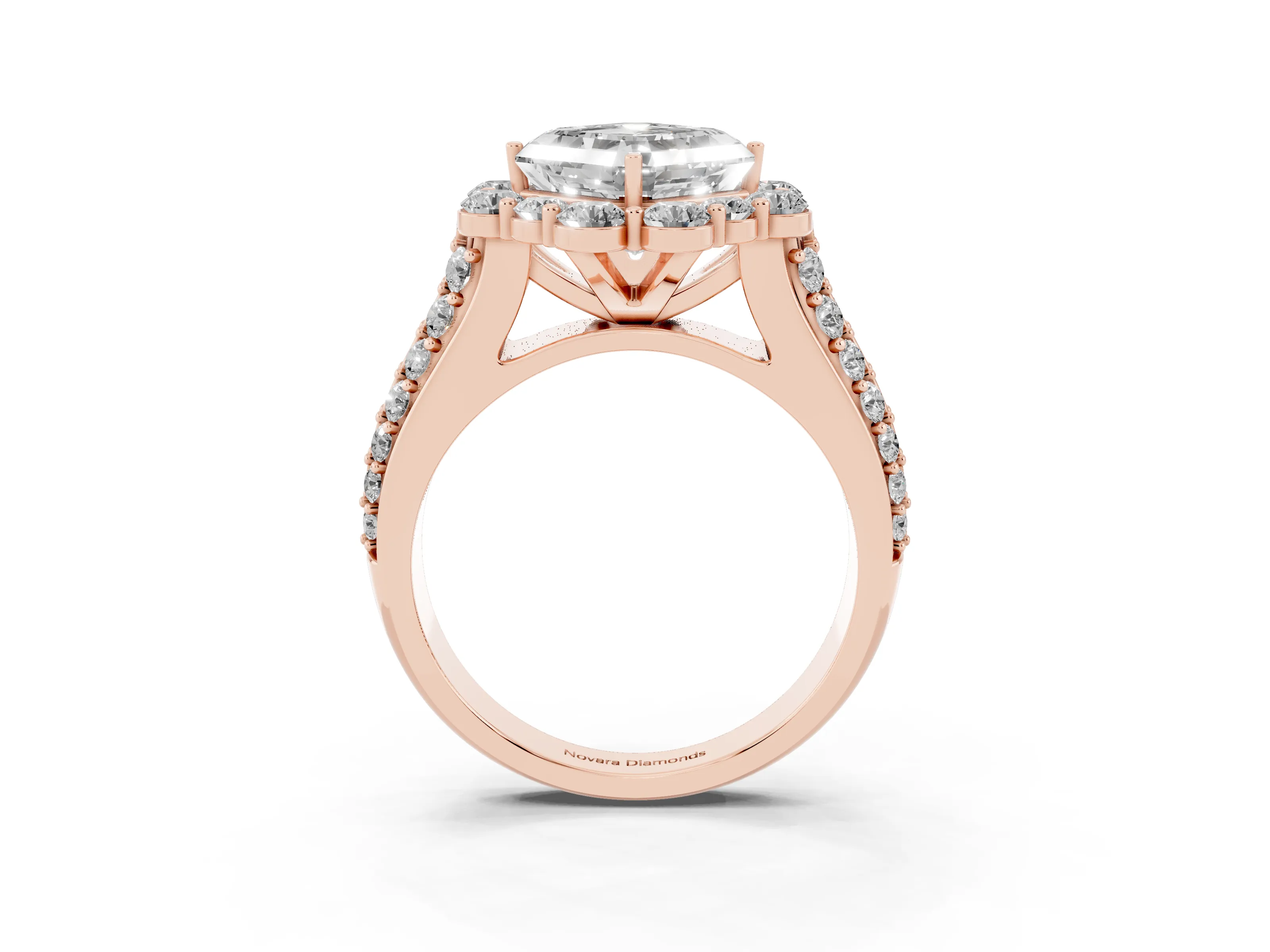 Asscher Cut Diamond Halo Engagement Ring Set in Rose gold with Split Shank and Prong Setting