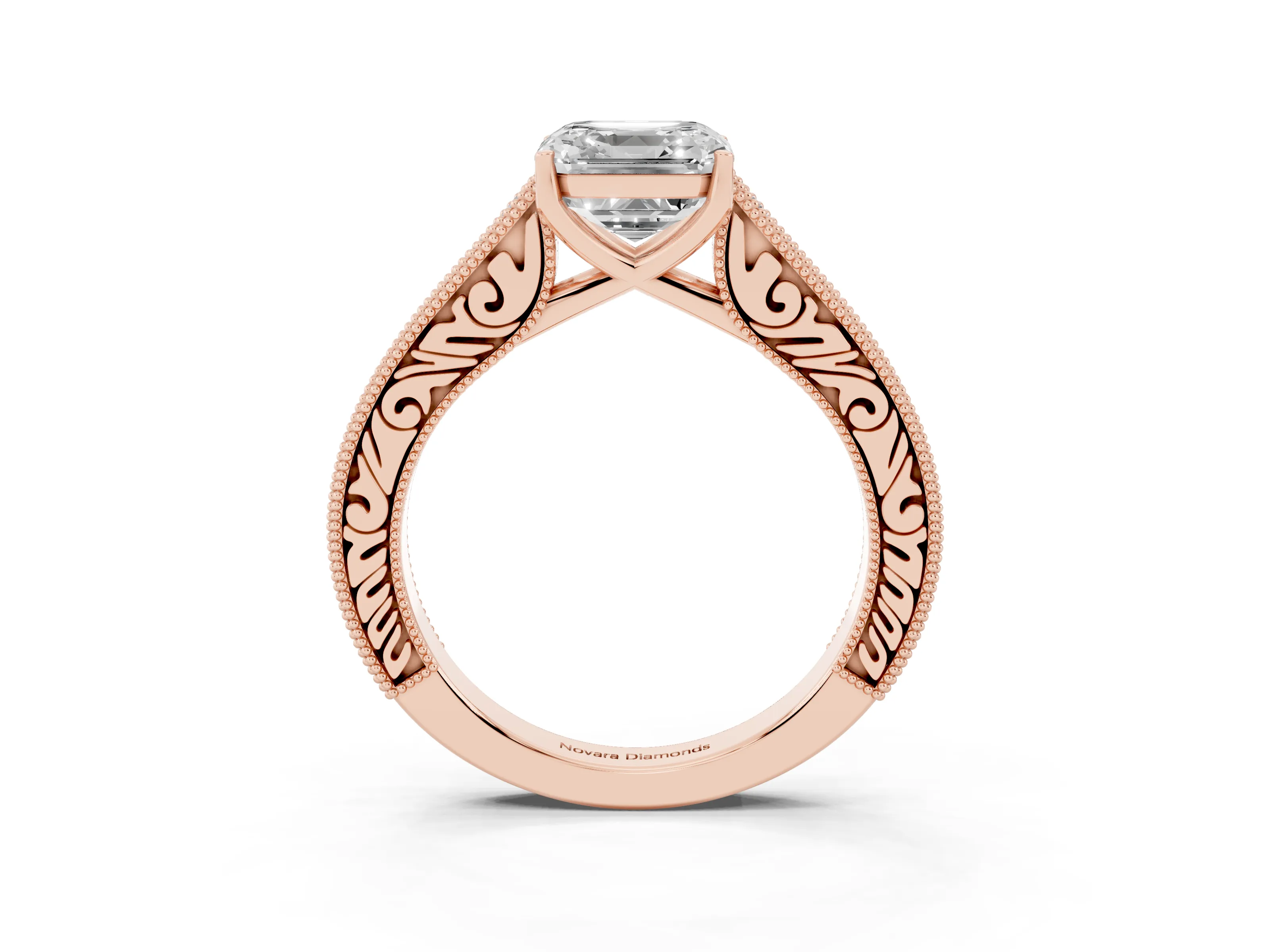 Asscher Cut Diamond Milgrain Pavé Band Solitaire Ring Set in Rose gold with Prong Setting
