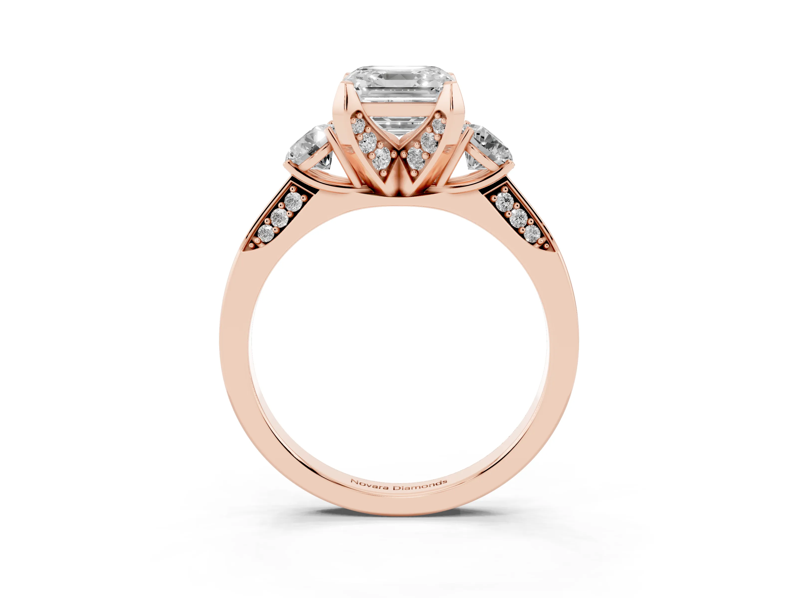 Asscher Cut Diamond Three-Stone Ring Set in Rose gold with Pavé Band and Smaller Side Stones