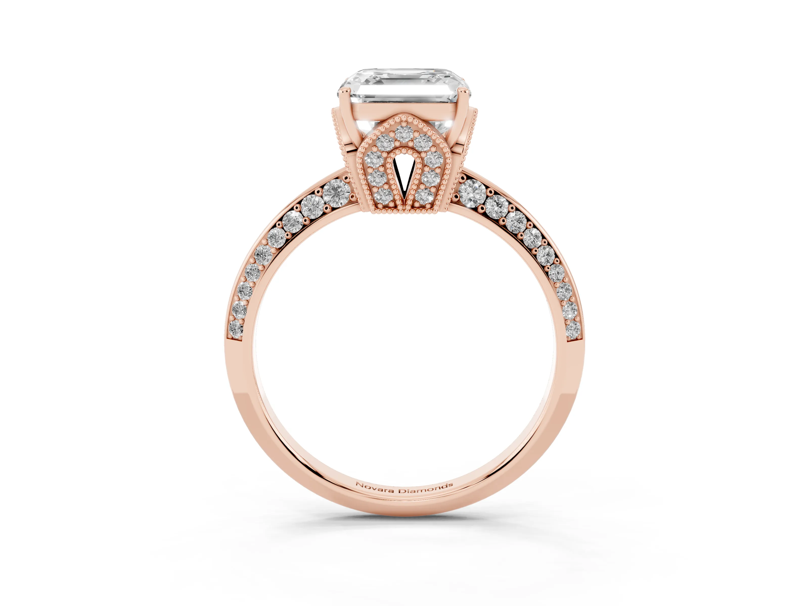 Asscher Cut Diamond Solitaire Engagement Ring Set in Rose gold with Pavé Split Shank and Prong Setting