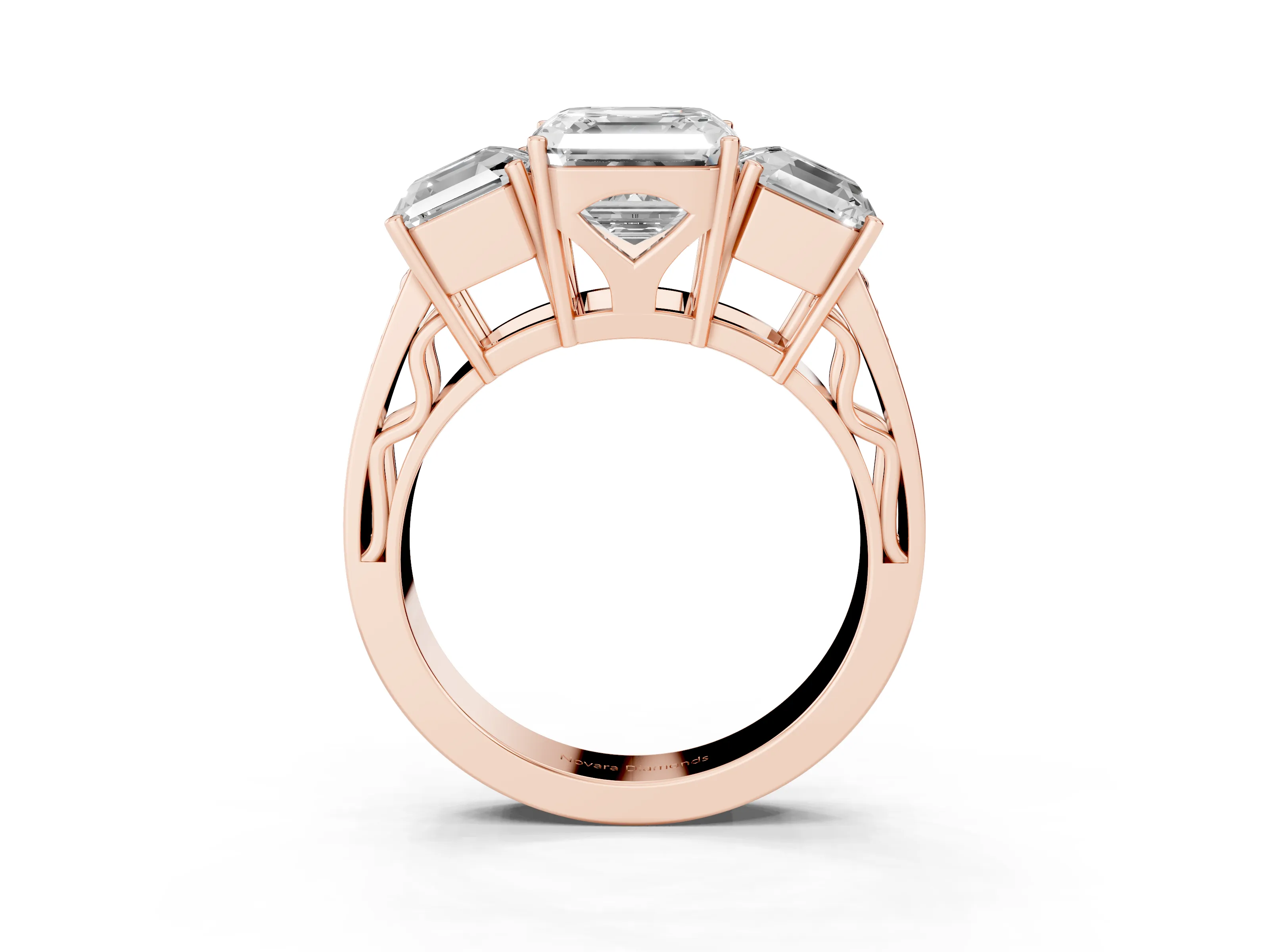 Asscher Cut Diamond Three-Stone Ring Set in Rose gold with Textured Band