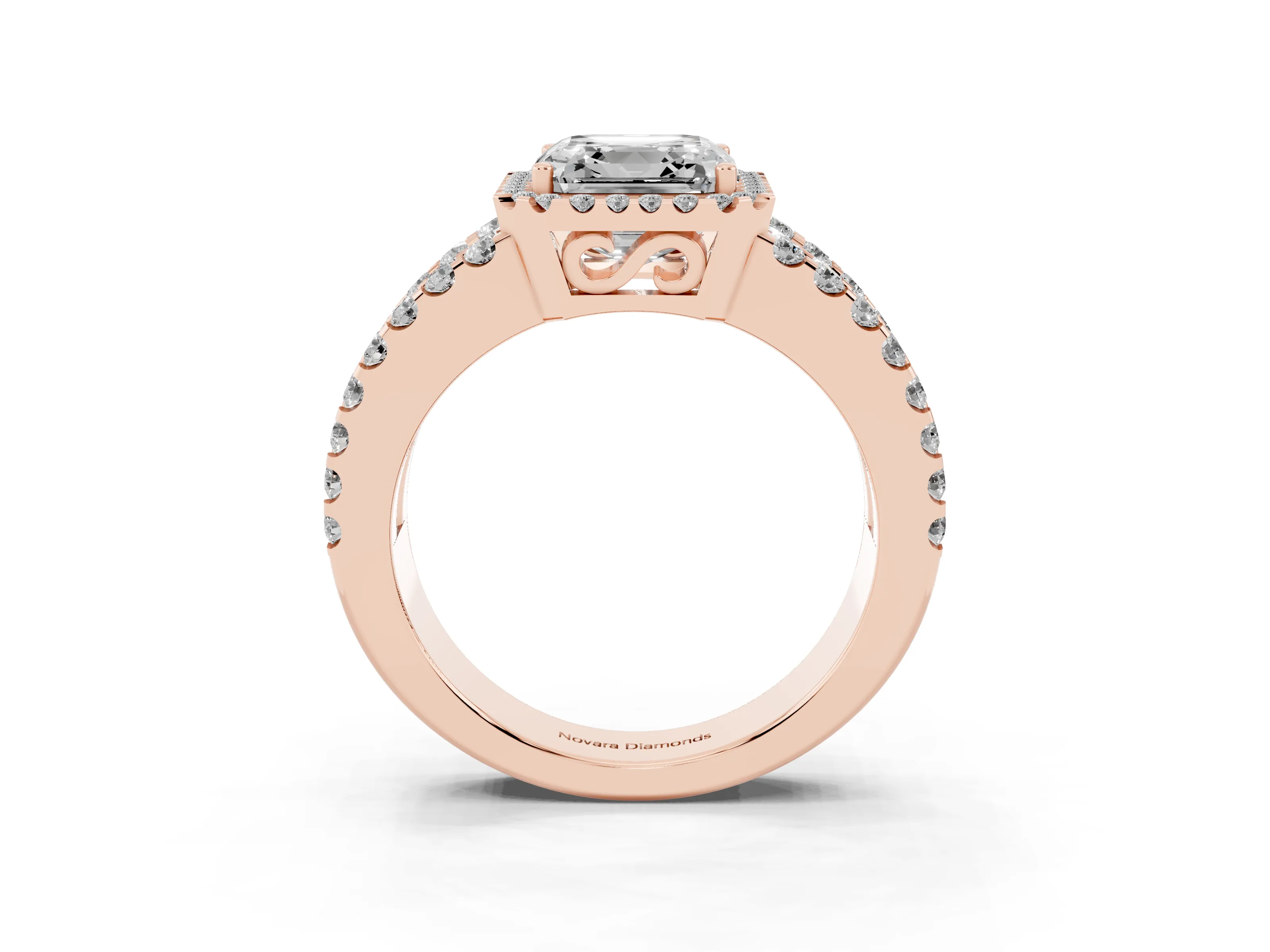 Asscher Cut Diamond Halo Ring Set in Rose gold with Pavé Split Shank and Prong Setting