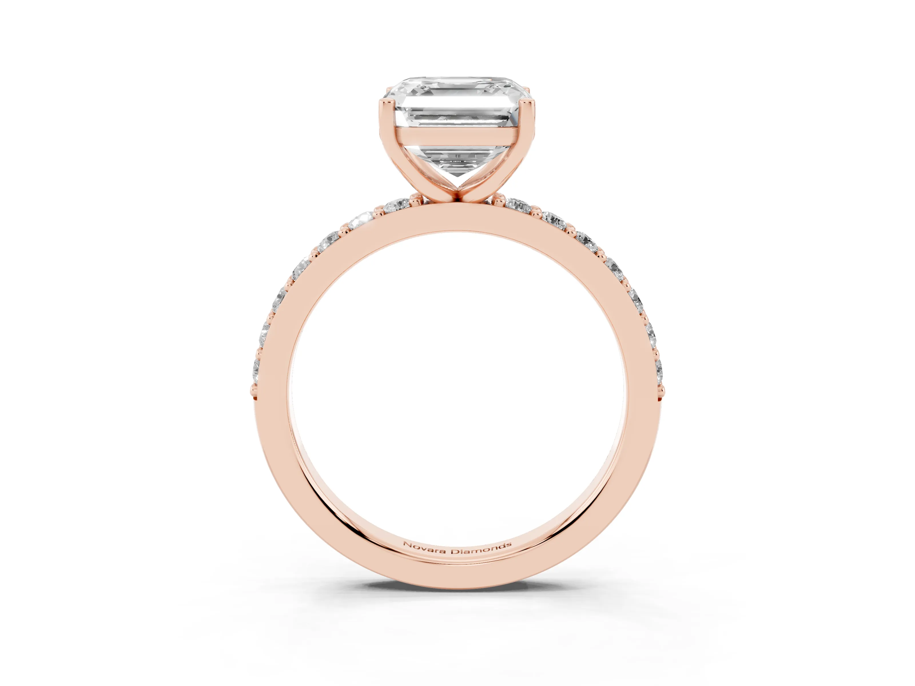 Asscher Cut Diamond Solitaire Set in Rose gold with Round Pavé Band and Prong Setting