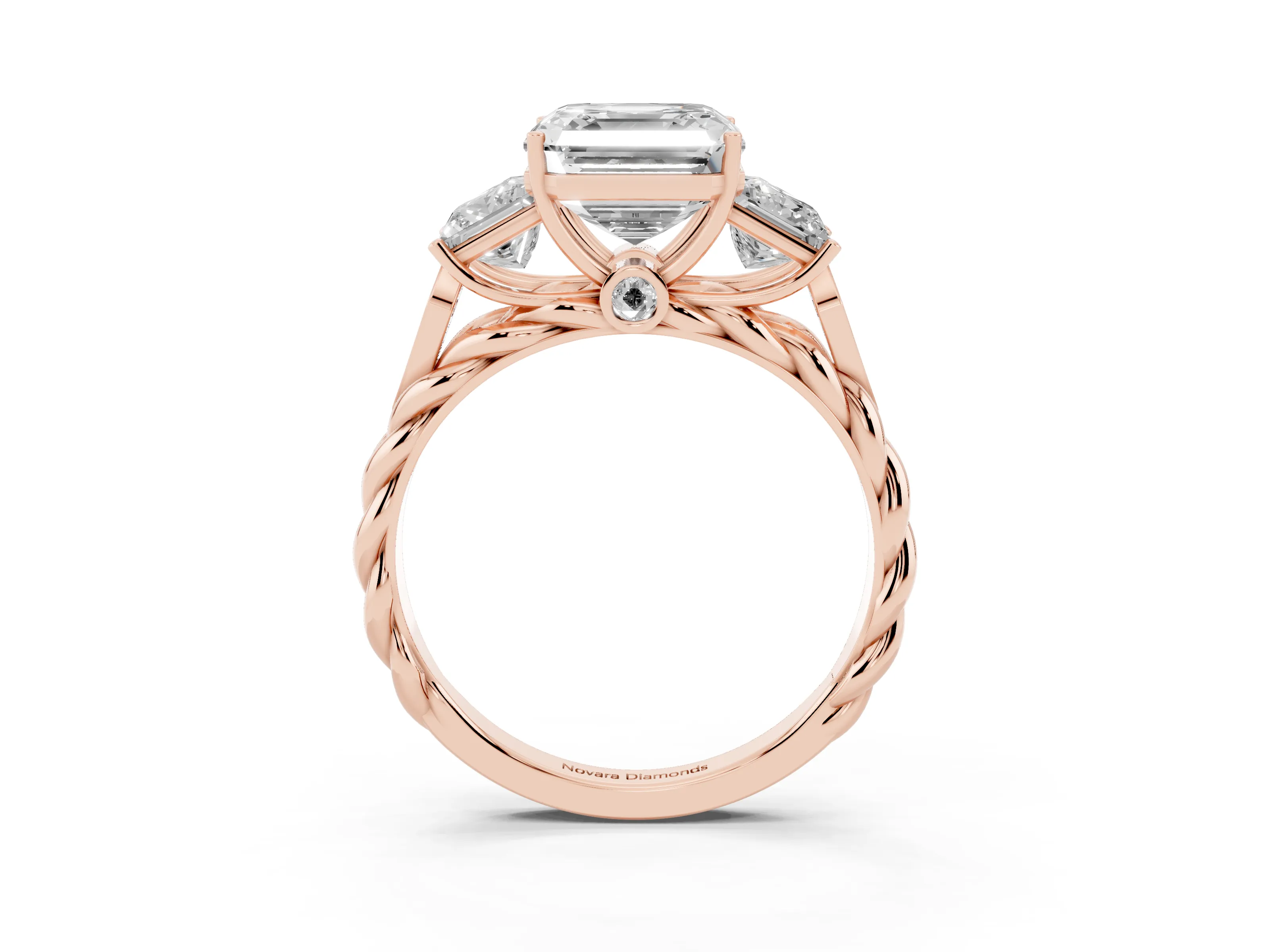 Asscher Cut Diamond Three-Stone Ring Set in Rose gold with Braided Band