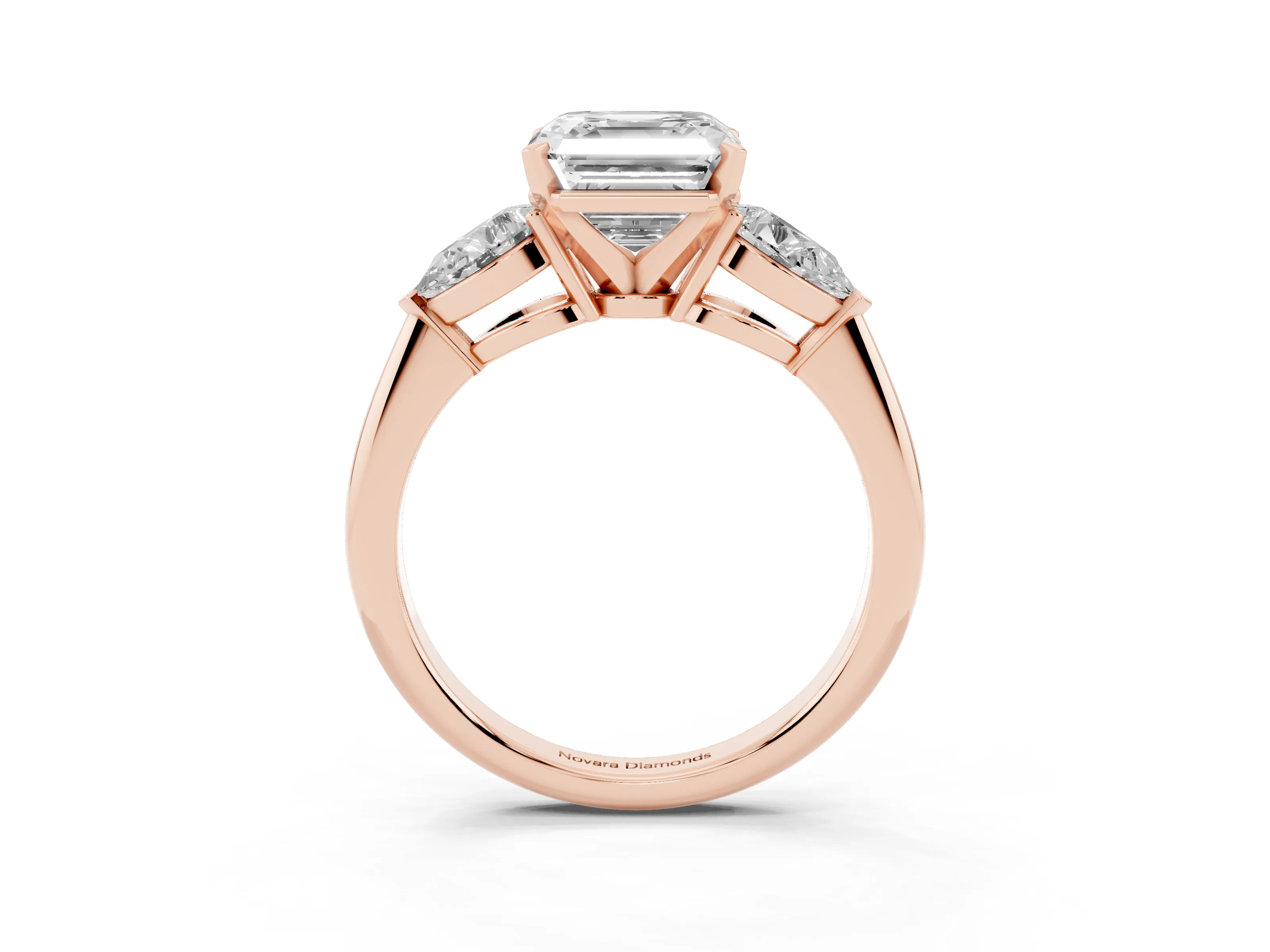Three-Stone Asscher Cut Diamond Ring Set in Rose gold with Pear Side Stones and Prong Setting