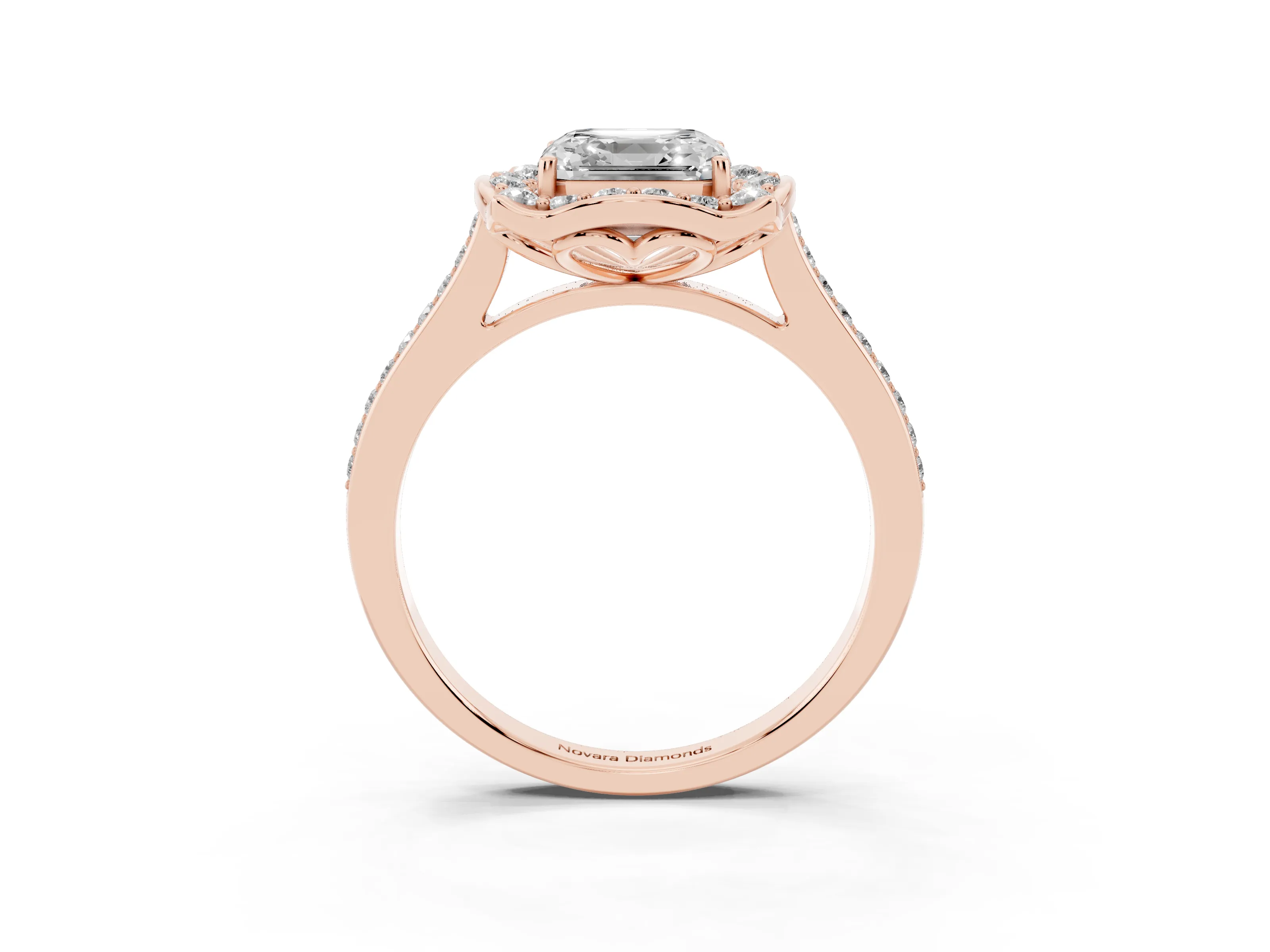 Asscher Cut Diamond Halo Ring Set in Rose gold with Pavé-Lined Shoulders and Prong Setting