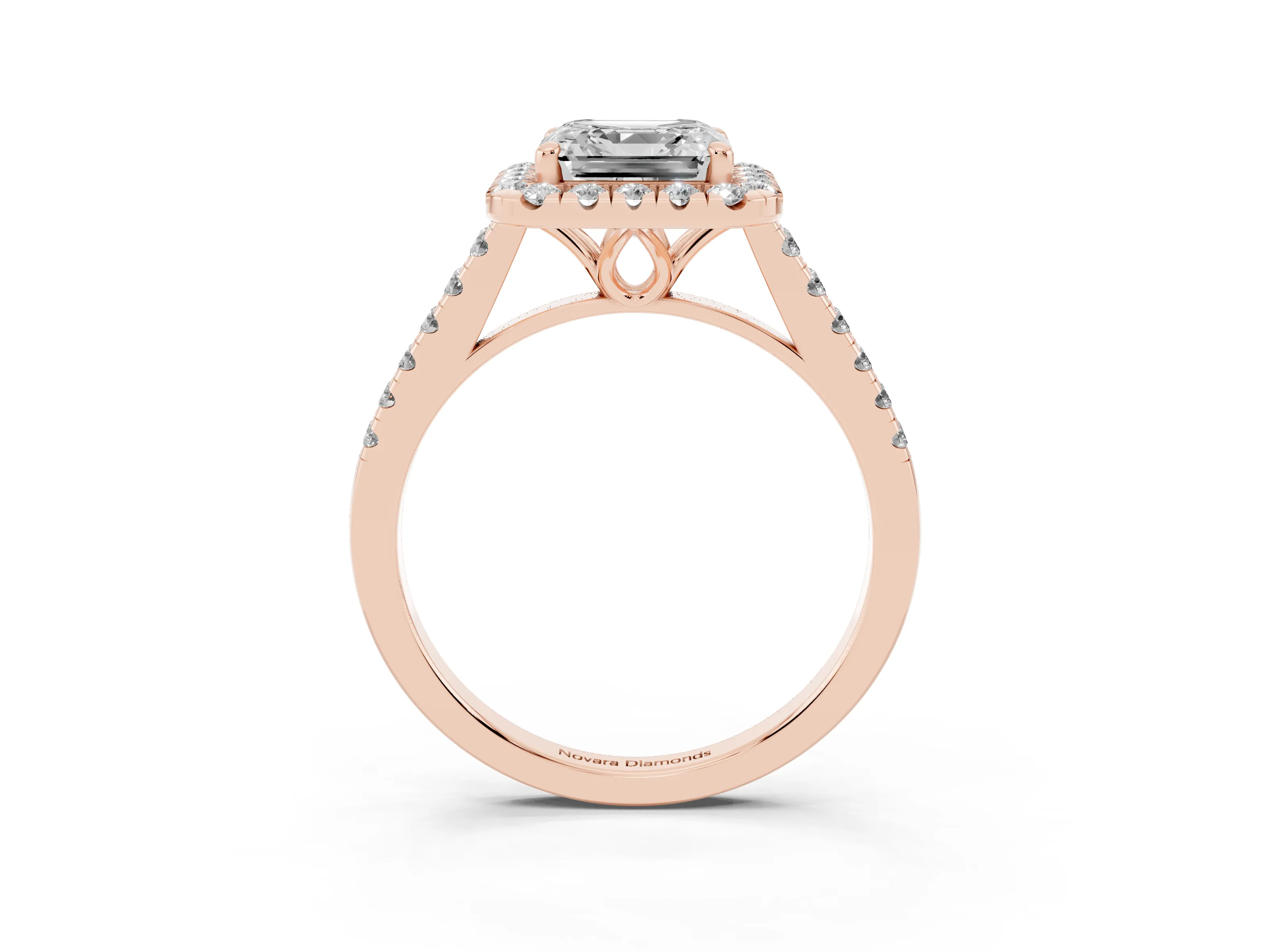 Asscher Cut Diamond Pavé Halo Engagement Ring Set in Rose gold with Pavé Band and Prong Setting