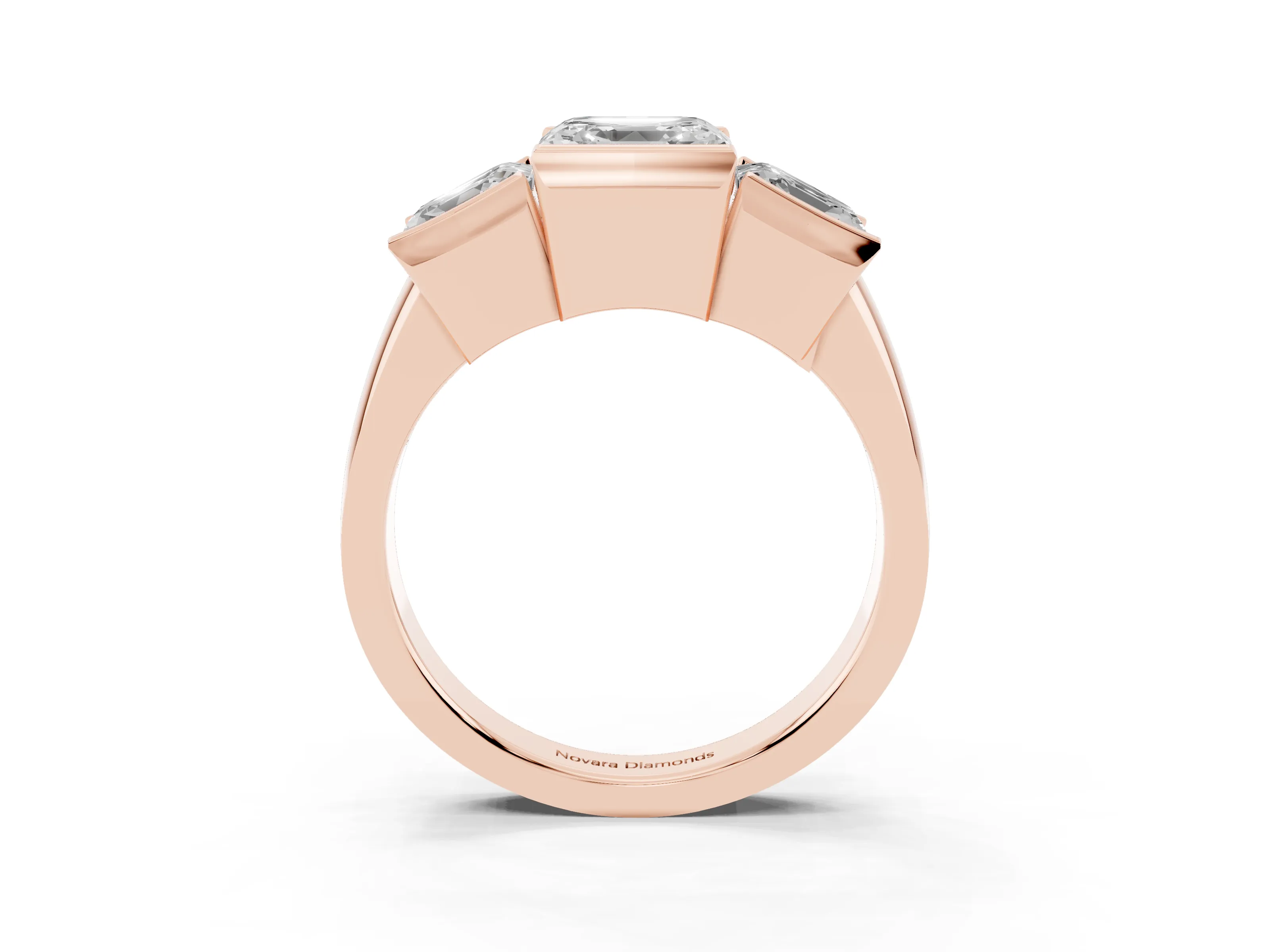 Asscher Cut Diamond Three-Stone Channel Set Ring Set in Rose gold with Smooth Polished Band