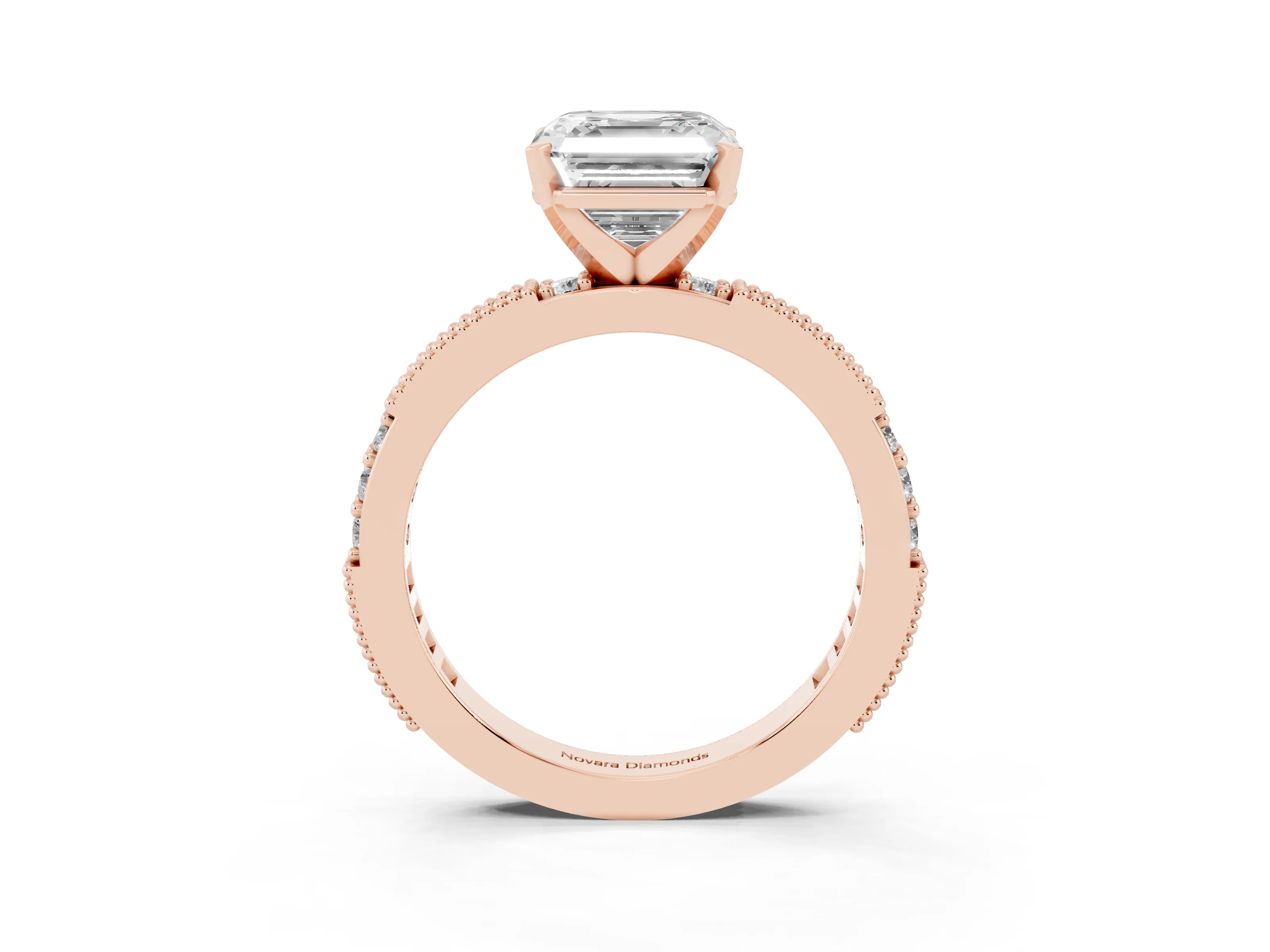 Asscher Cut Diamond Solitaire Ring Set in Rose gold with Slim Pavé Band and Prong Setting