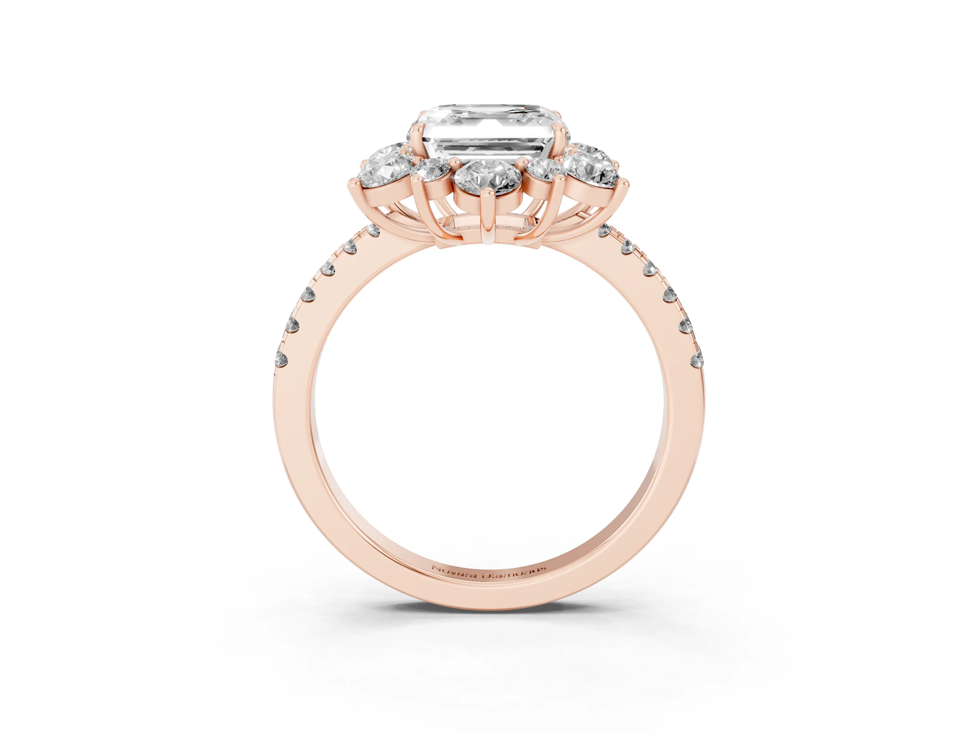 Asscher Cut Diamond Floral Halo Ring Set in Rose gold with Round Pavé Band and Prong Setting