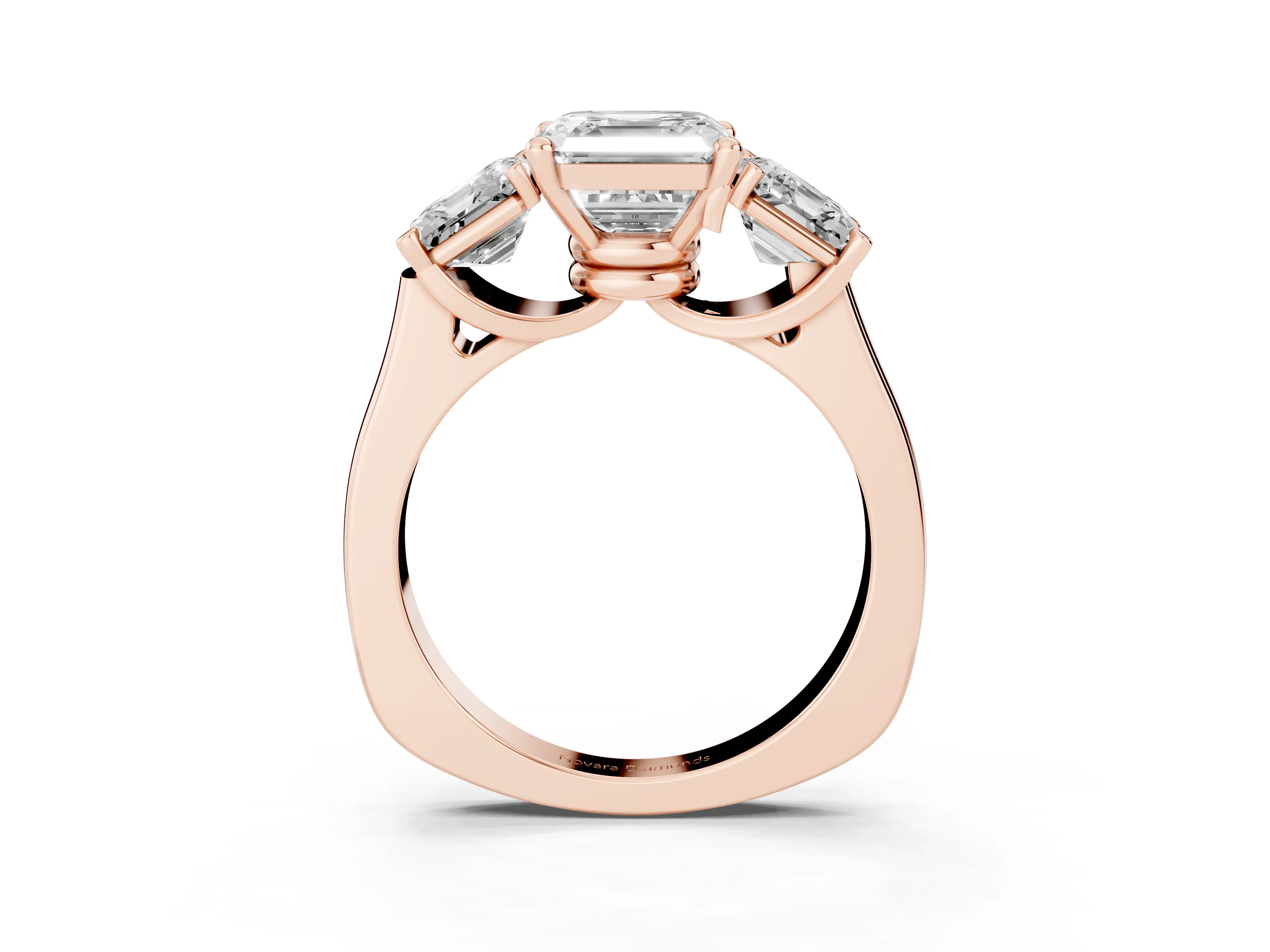 Asscher Cut Diamond Three-Stone Trellis Ring Set in Rose gold with Comfort Fit Band