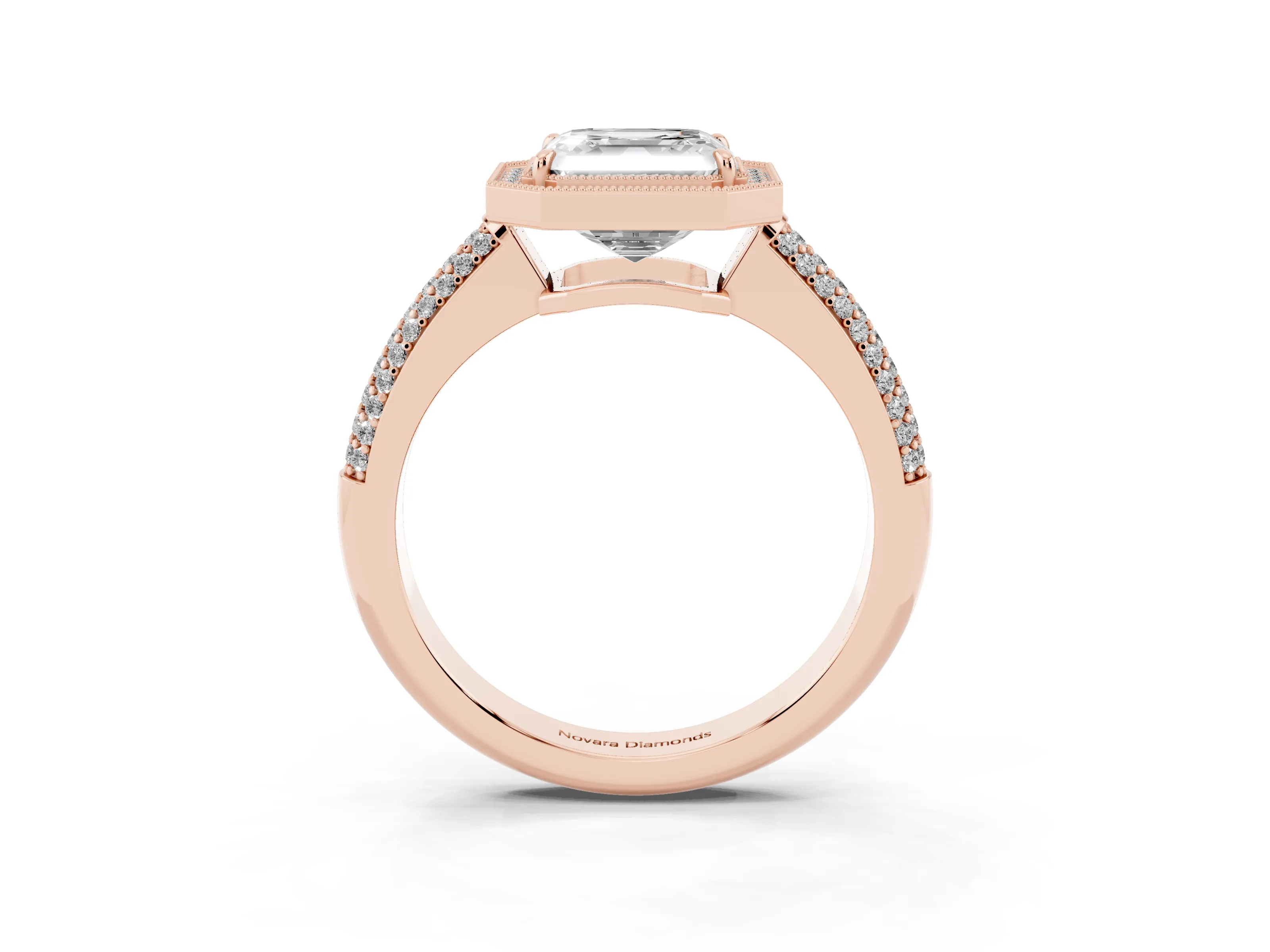 Asscher Cut Diamond Halo Pavé Band Set in Rose gold with Prong Setting