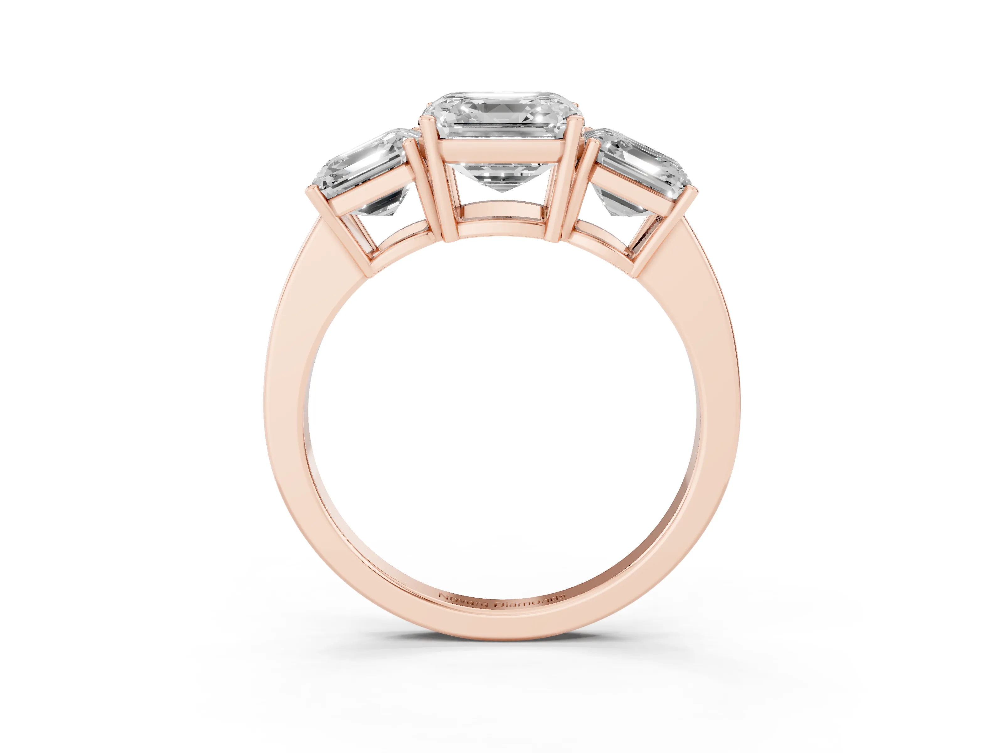Asscher Cut Diamond Three-Stone Engagement Ring Set in Rose gold with Flat Band