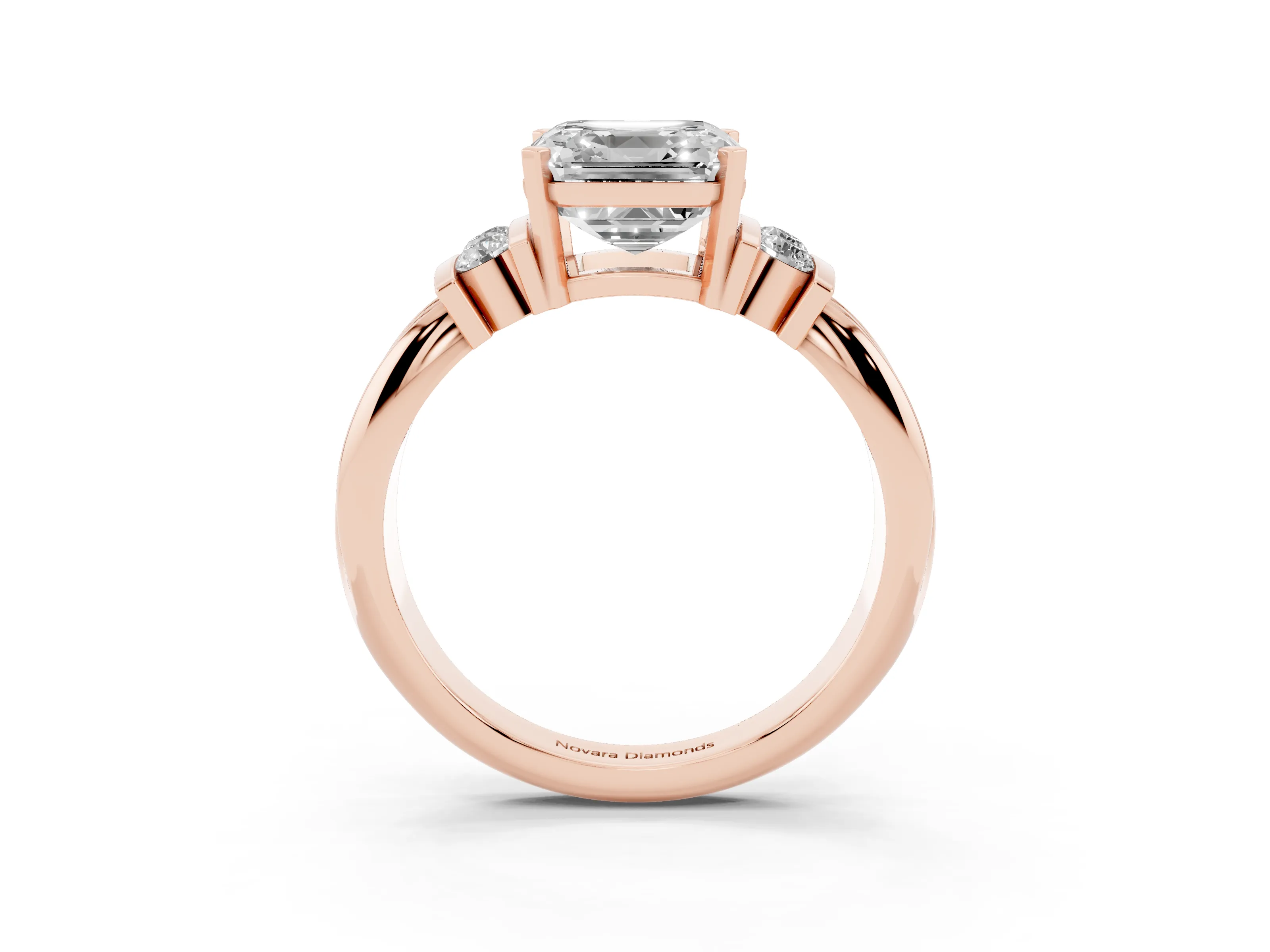 Three-Stone Asscher Cut Diamond Channel Set Ring Set in Rose gold with Bar Prongs
