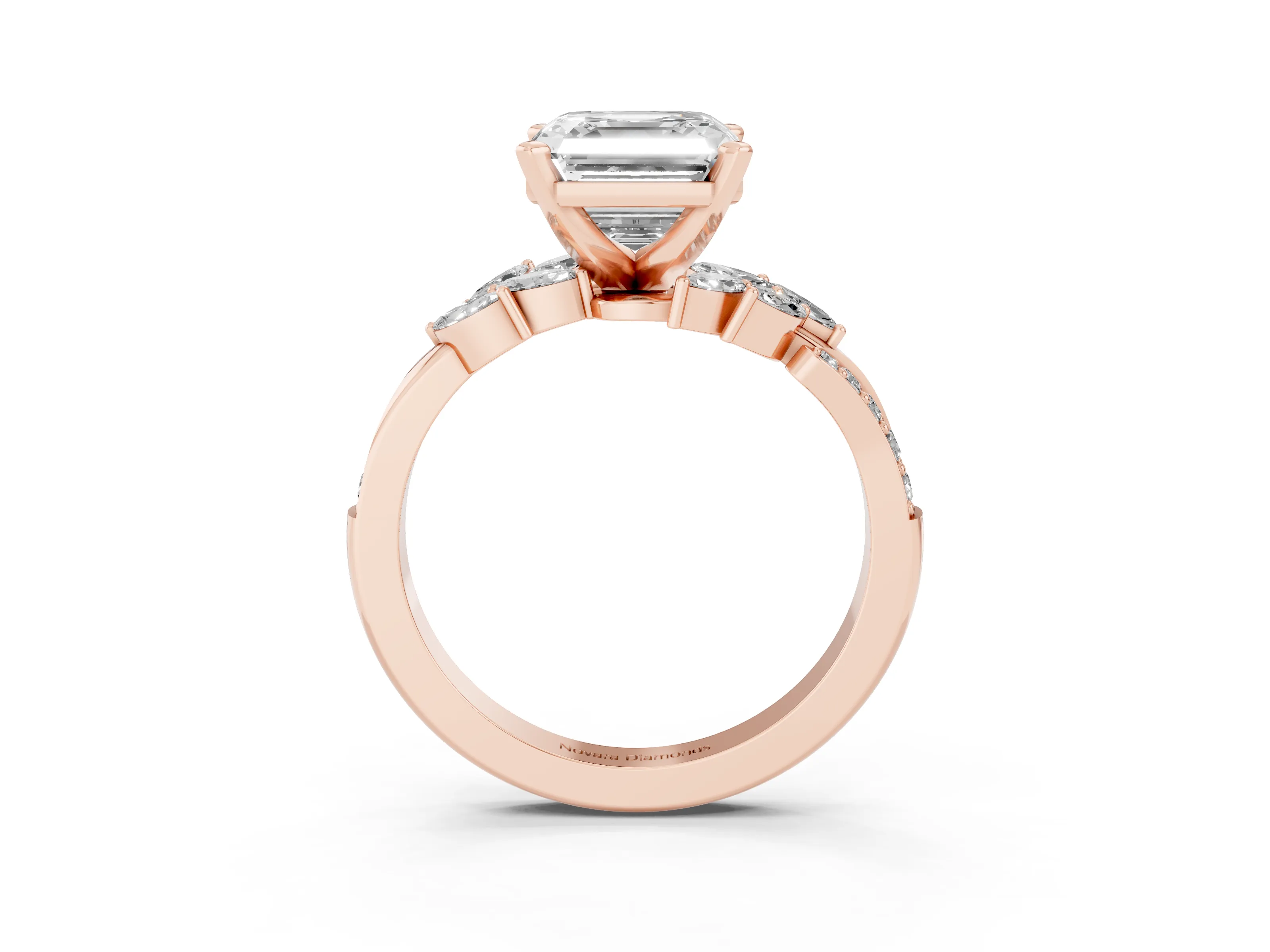Asscher Cut Diamond Solitaire Ring Set in Rose gold with Marquise Twist Band and Prong Setting
