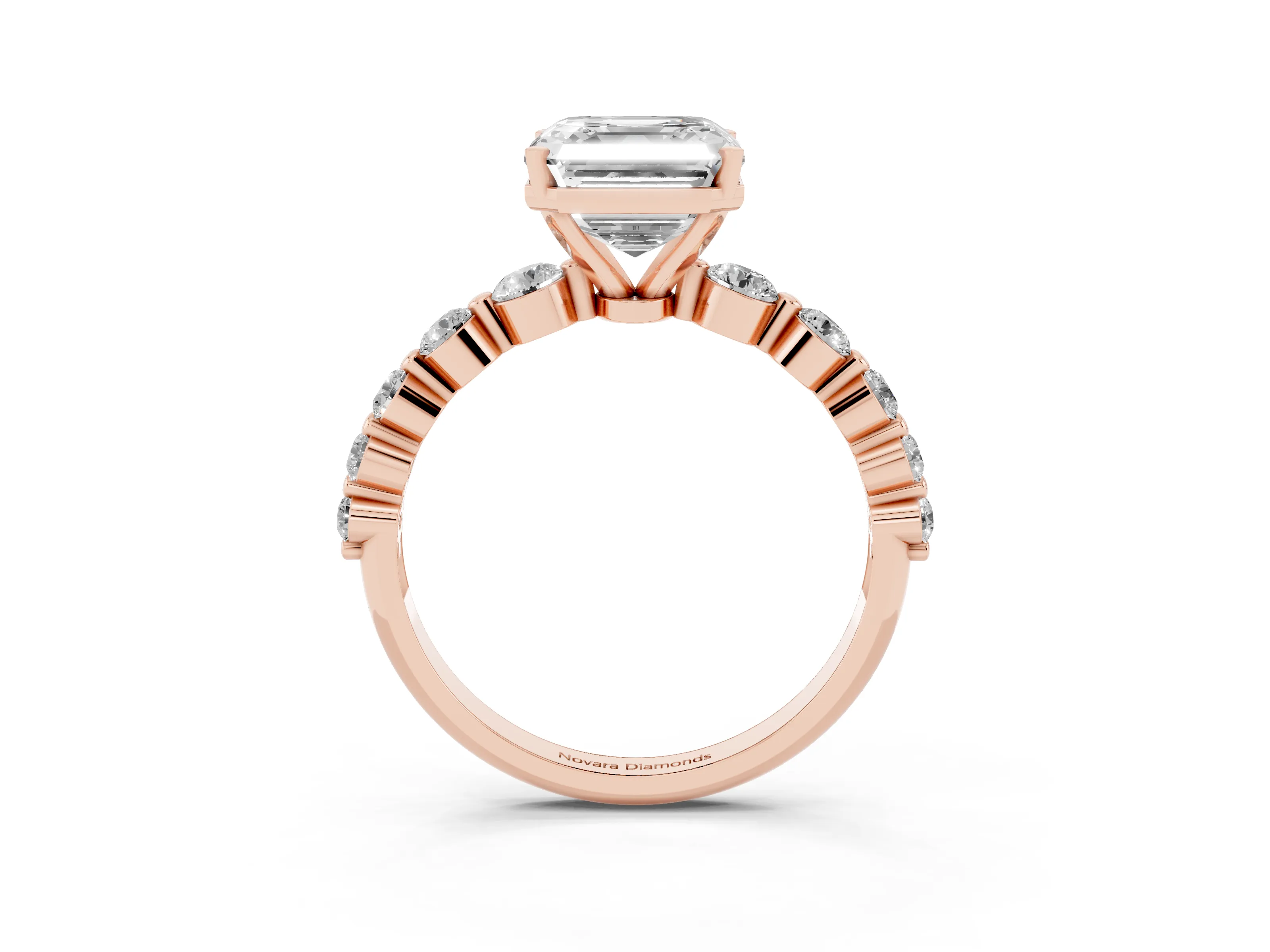 Asscher Cut Diamond Solitaire Ring Set in Rose gold with Pavé Band and Prong Setting