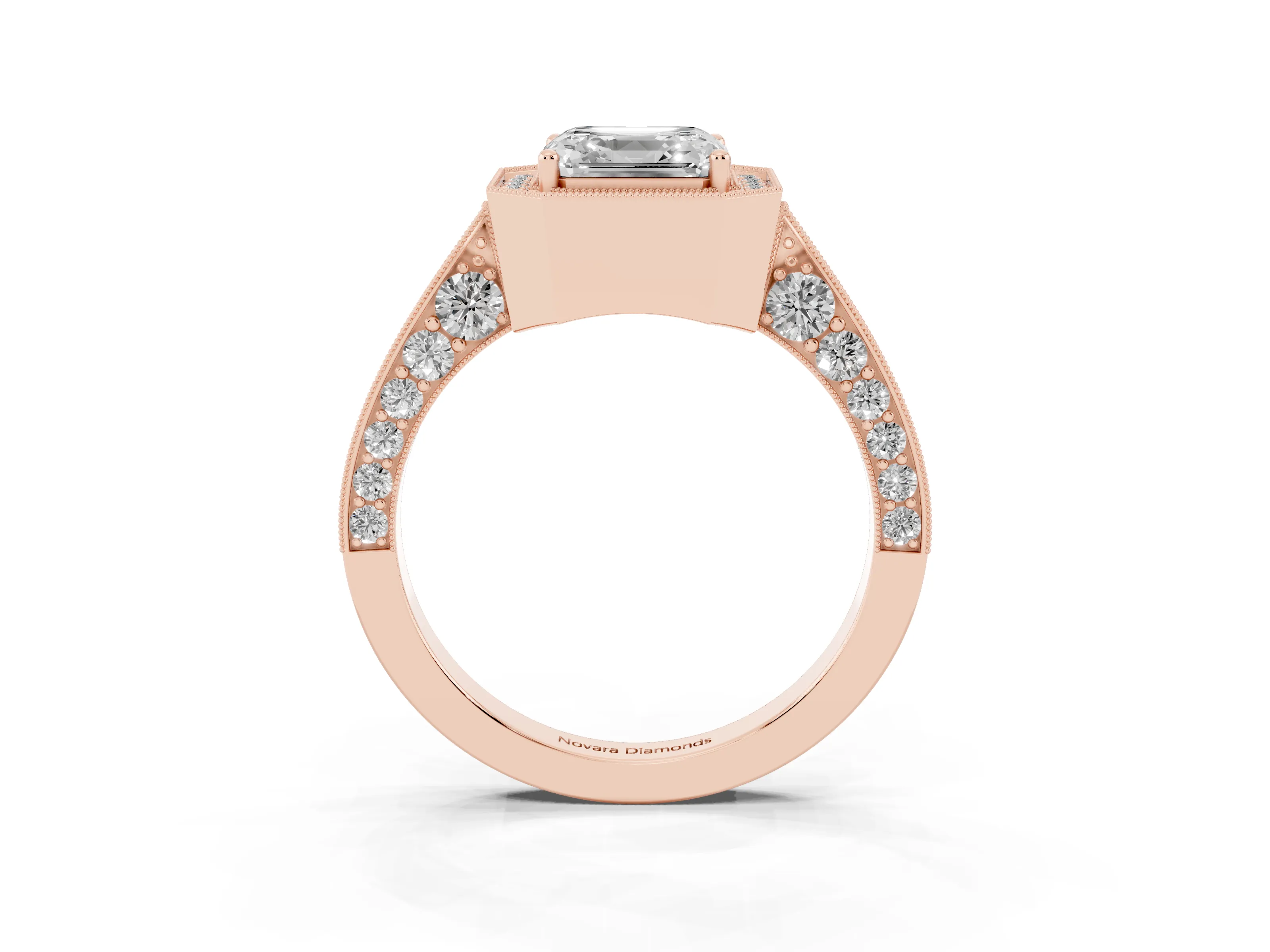 Asscher Cut Diamond Halo Engagement Ring Set in Rose gold with Accent Split Shank Band