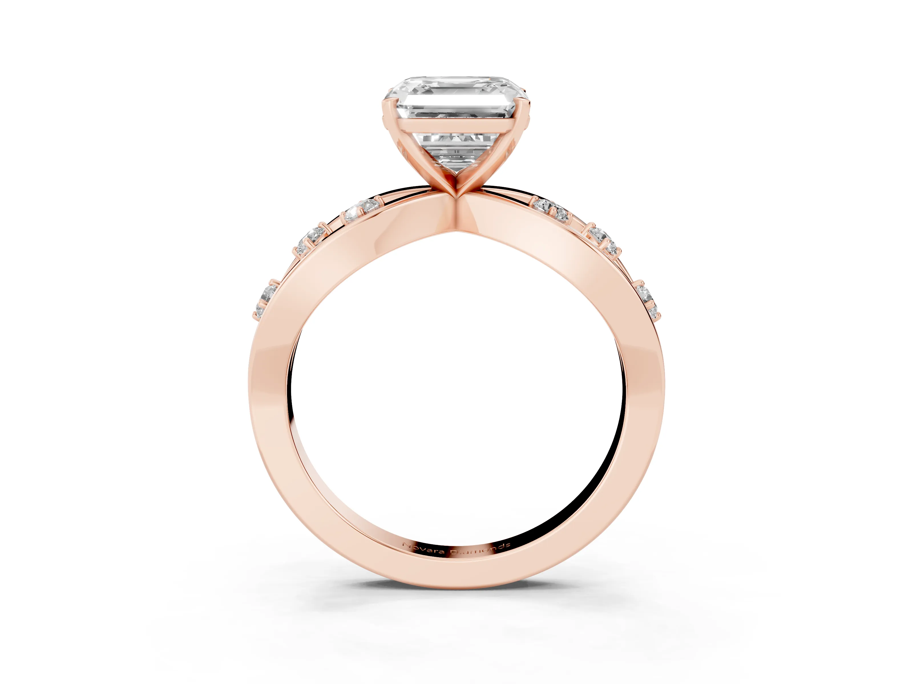 Asscher Cut Diamond Solitaire Ring Set in Rose gold with Side Stones on Criss-Cross Band and Prong Setting