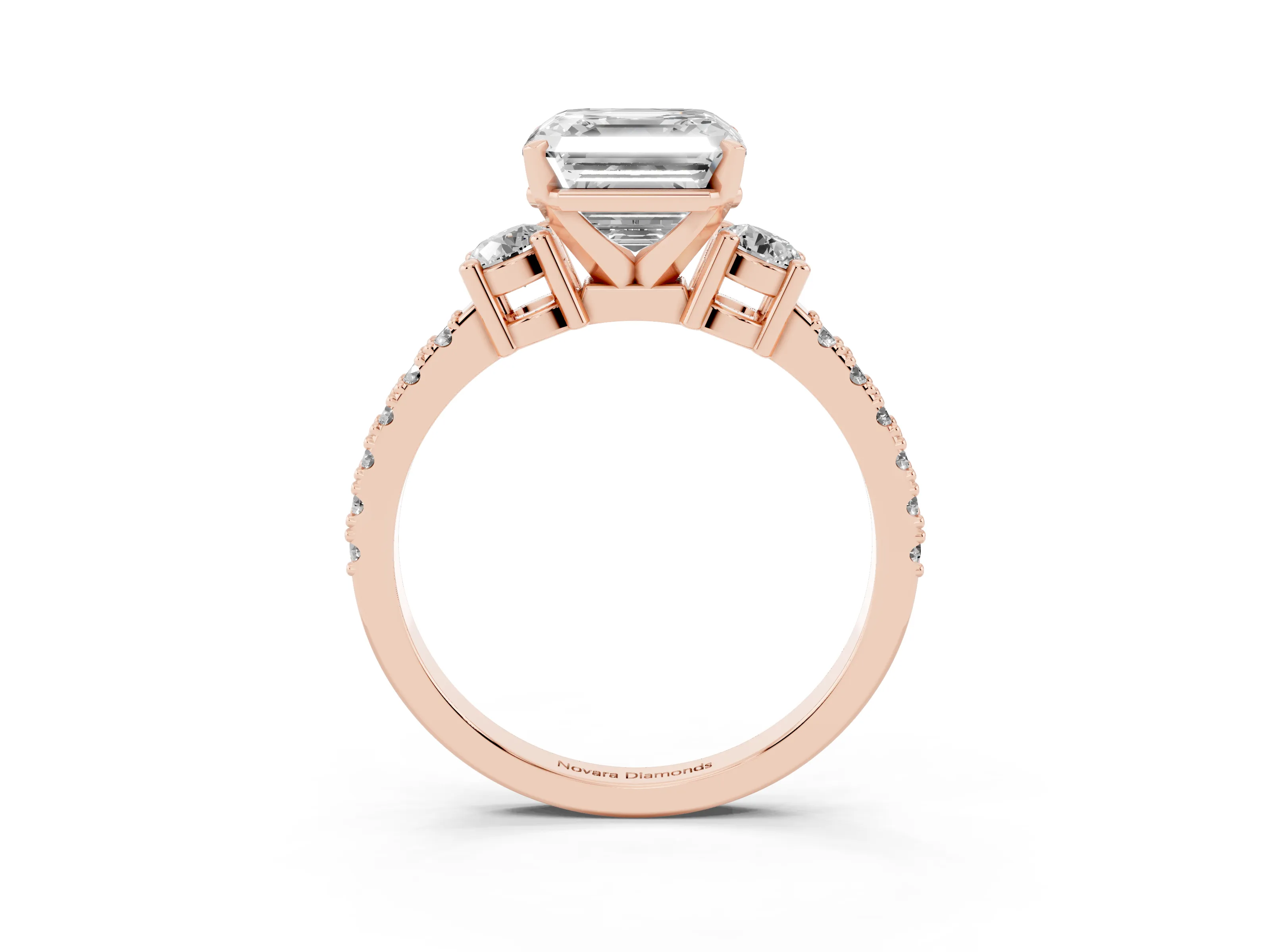 Three-Stone Asscher Cut Diamond Pavé Band Ring Set in Rose gold with Prong Setting