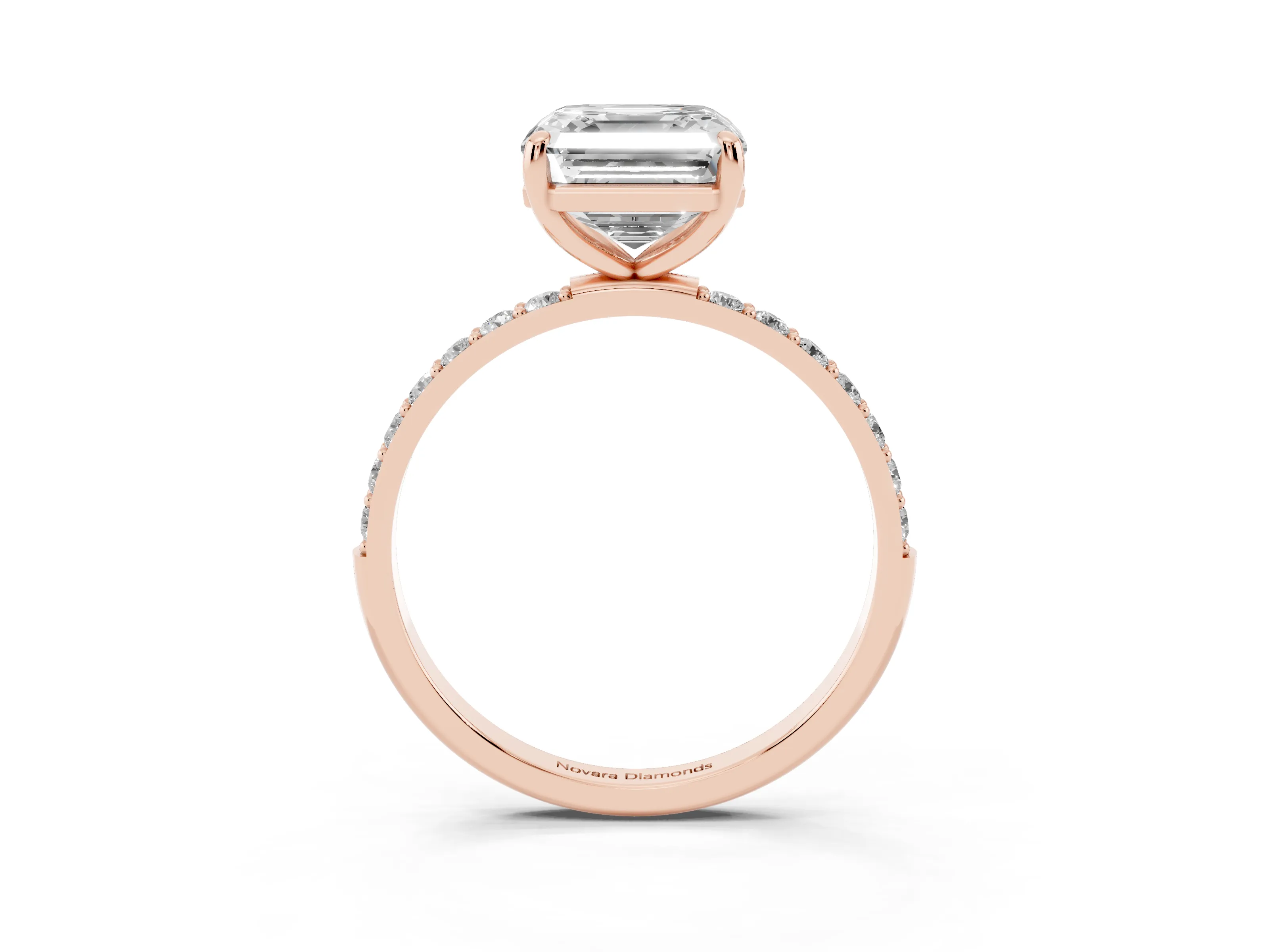 Asscher Cut Diamond Solitaire Ring Set in Rose gold with Round Pavé Band and Prong Setting