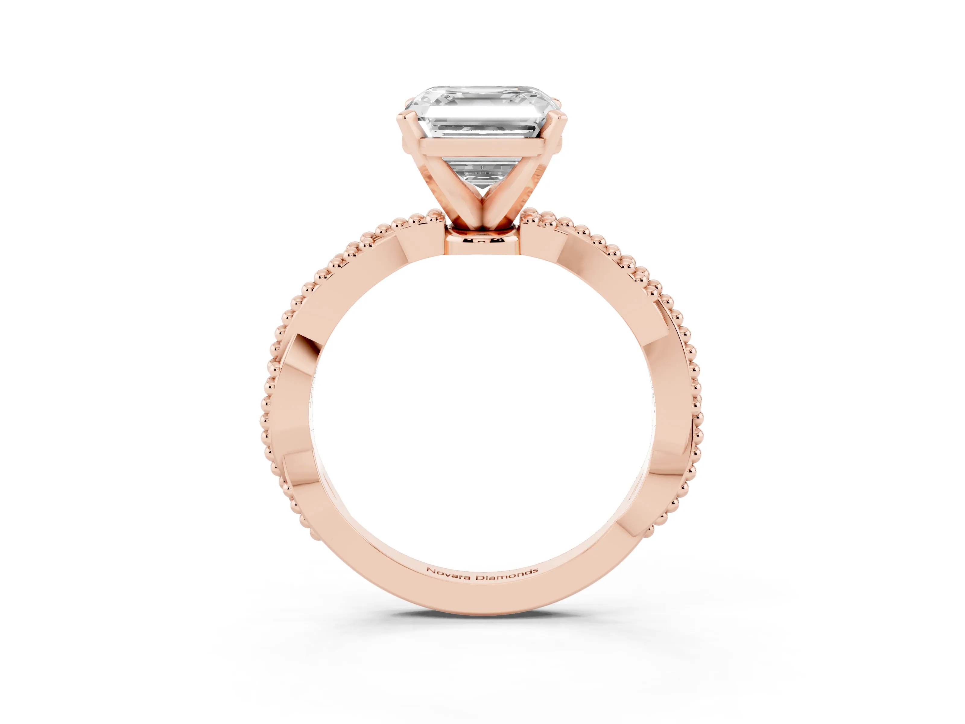 Asscher Cut Diamond Solitaire Ring Set in Rose gold with Twisted Band and Bead Prong Setting