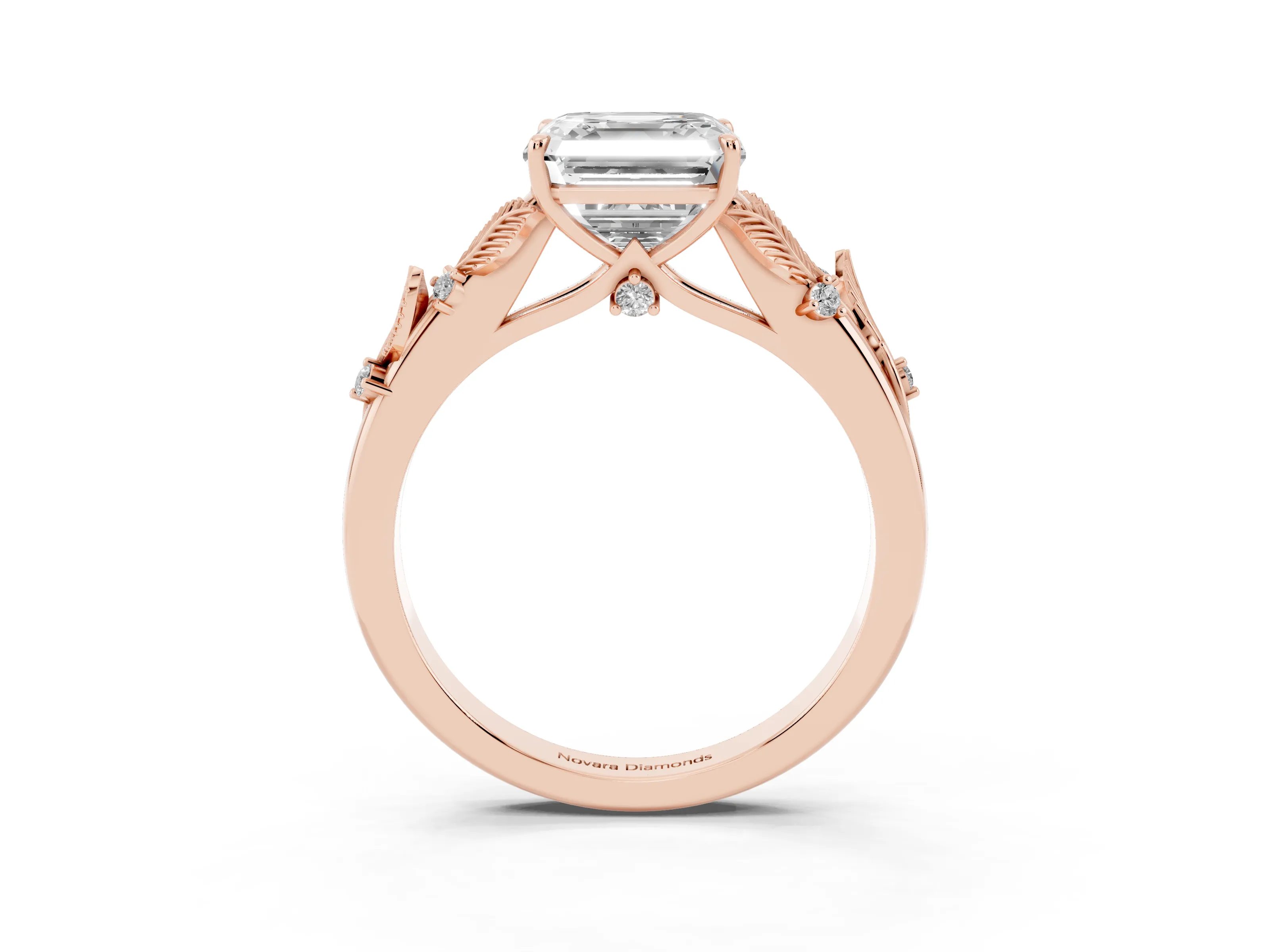 Asscher Cut Diamond Solitaire Ring Set in Rose gold with Leaf Motif Band